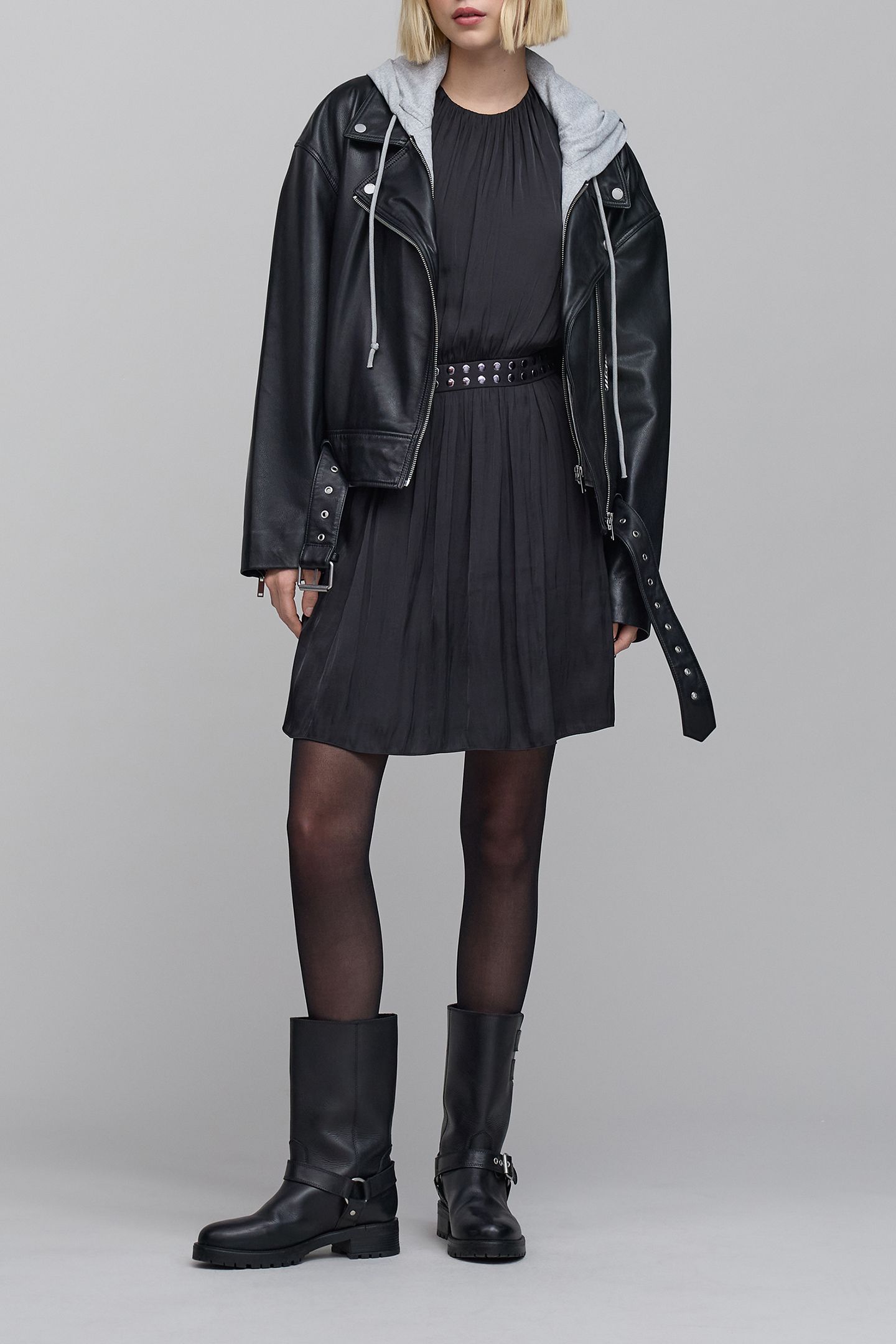CRUMPLED BLACK DRESS WITH STUDDED WAISTBAND 4