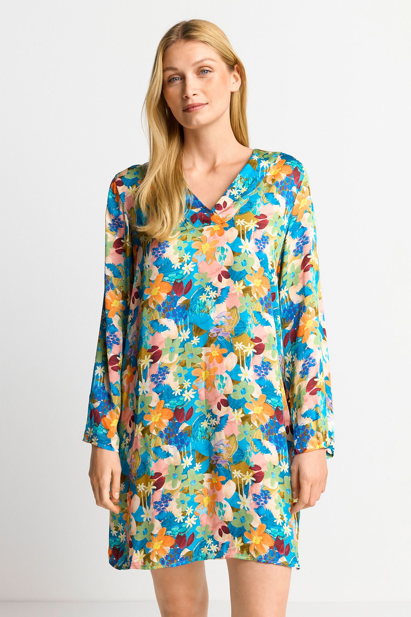 PRINTED V-NECK MINI DRESS WITH FLOWER PRINT RECYCLED ORIGINA 1
