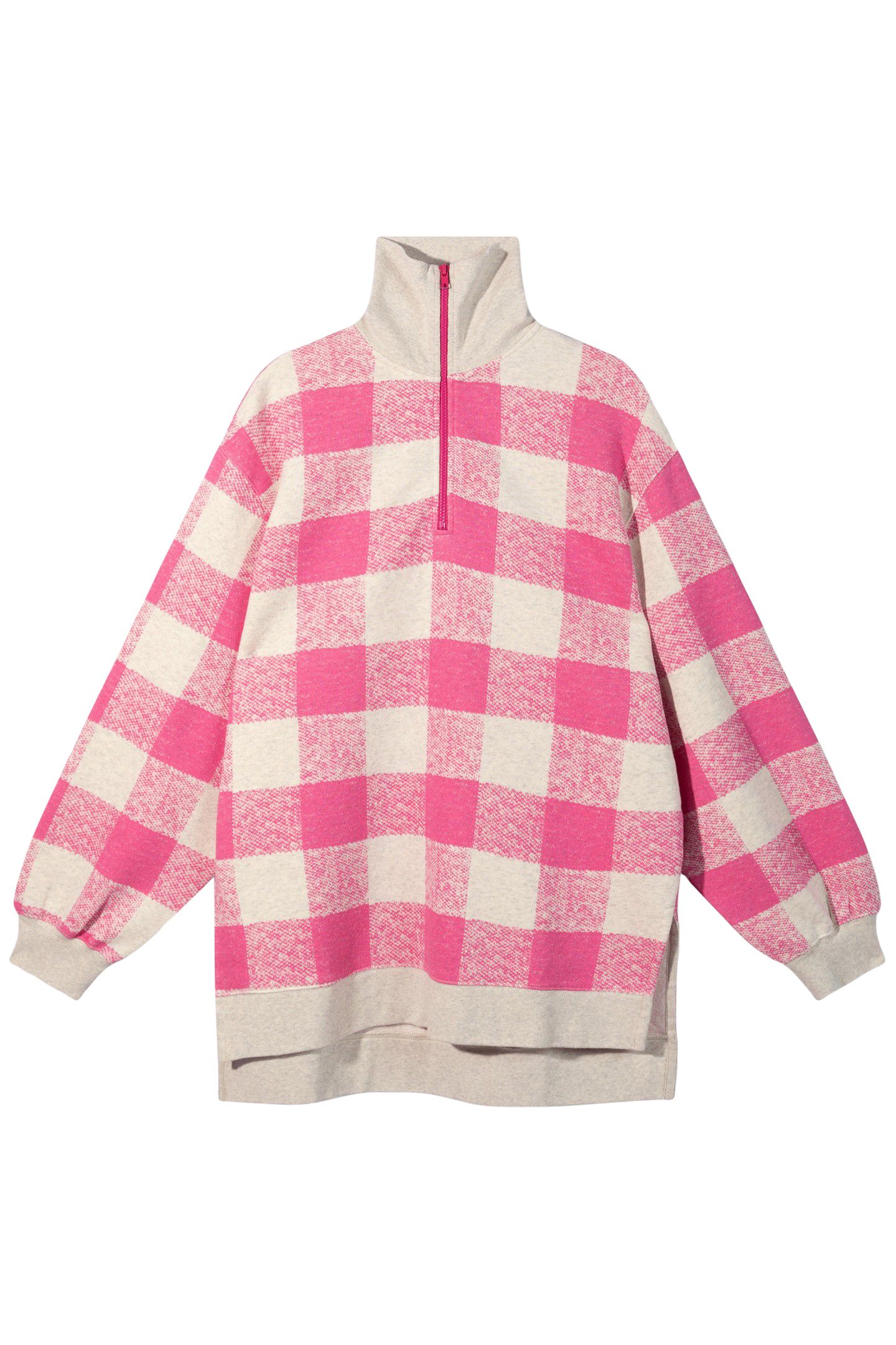 HIGH NECK ZIP SWEATER CHECK BRIGHT PINK 4