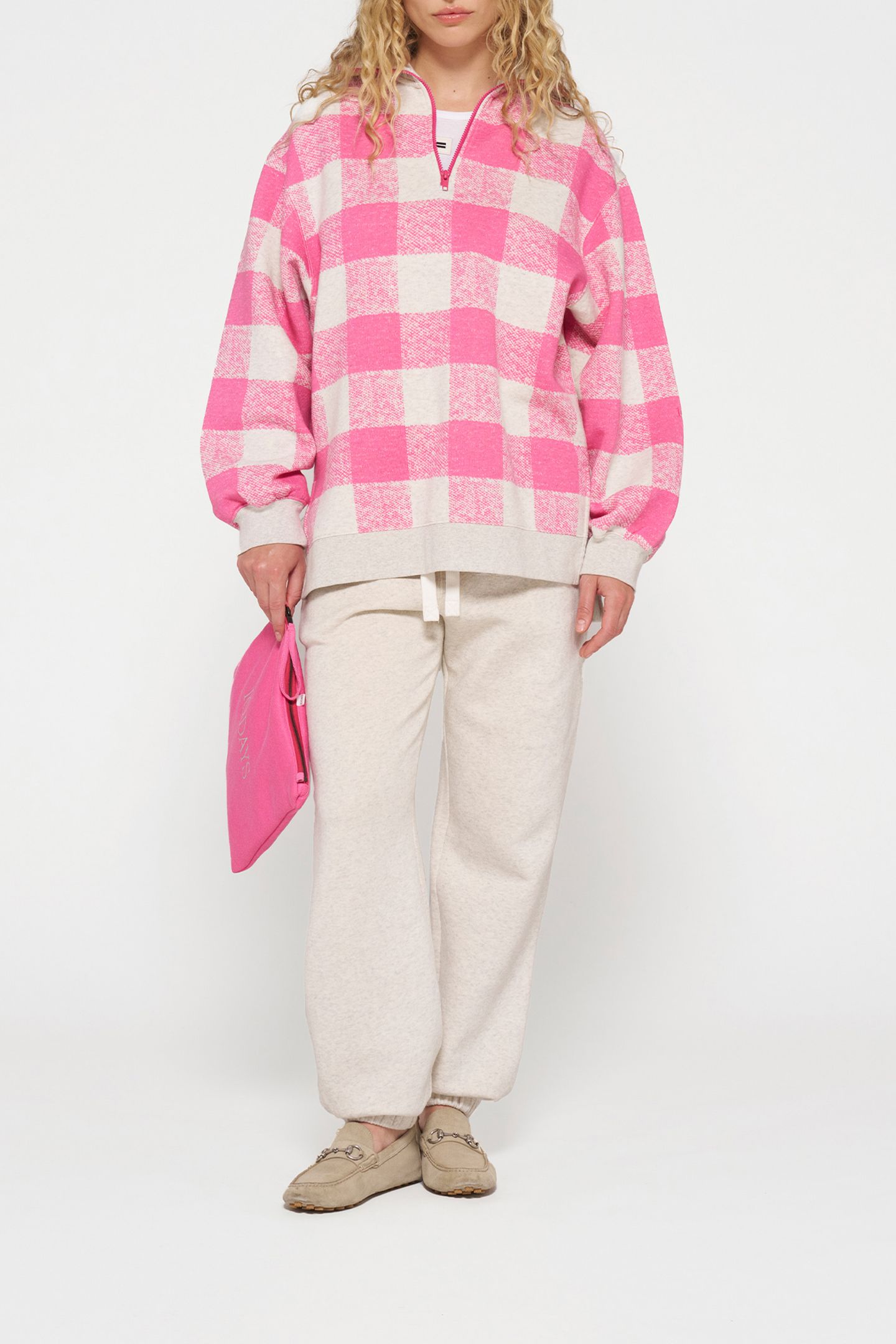 HIGH NECK ZIP SWEATER CHECK BRIGHT PINK 2