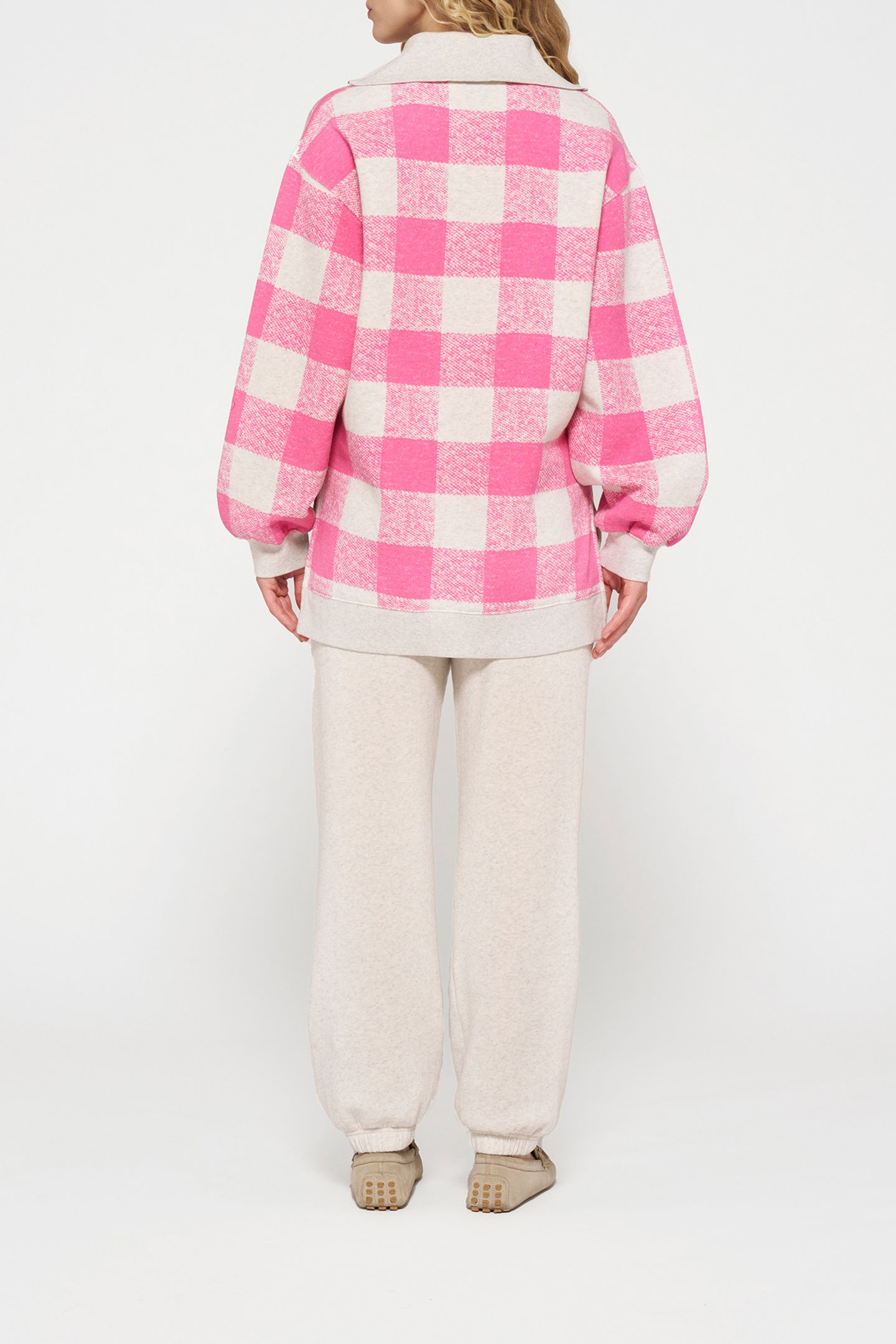 HIGH NECK ZIP SWEATER CHECK BRIGHT PINK 3