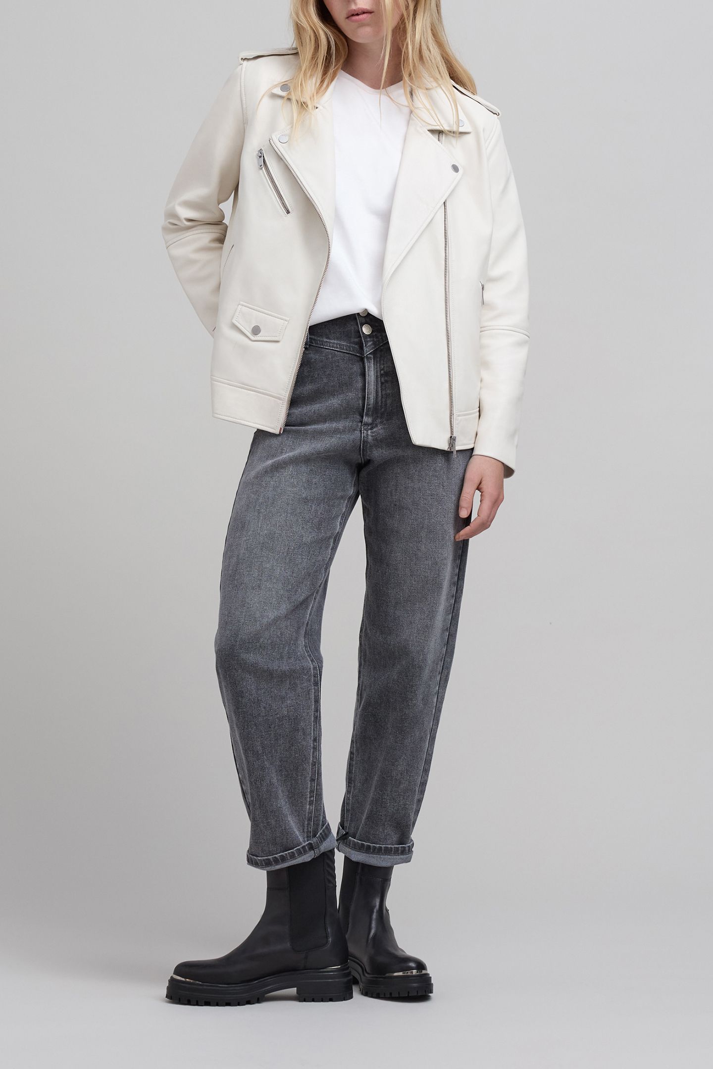 ECRU LEATHER BIKER JACKET WITH ZIPPED POCKETS OFF-WHITE 3