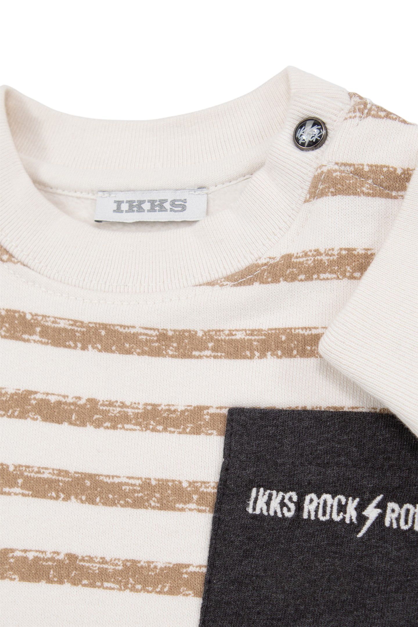 BABY BOY'S ECRU SWEATSHIRT, CAMEL STRIPES AND GREY POCKET 3