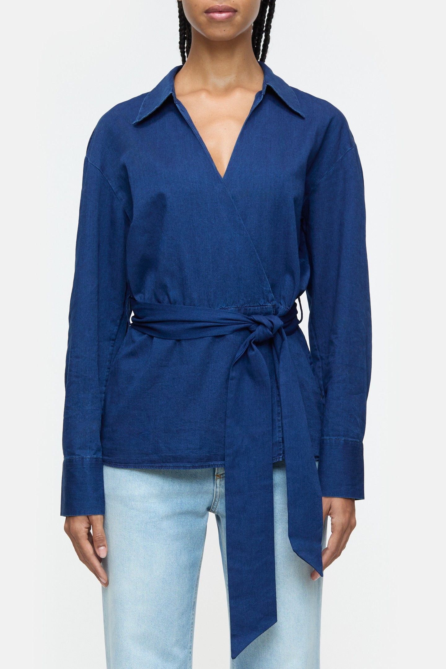 BELTED WRAP BLOUSE SHIRT DARK BLUE 1