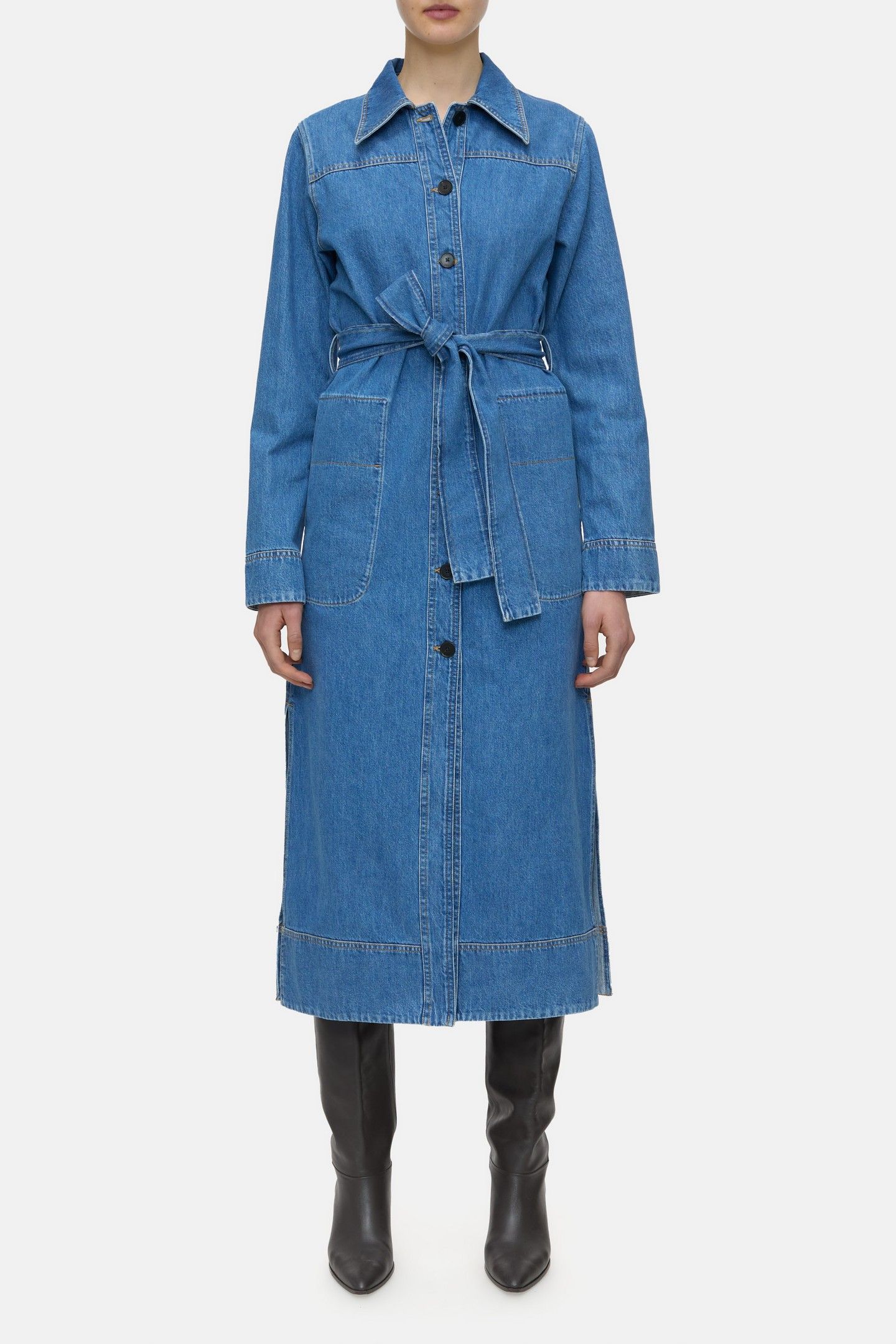 LONG BELTED DRESS MID BLUE 1