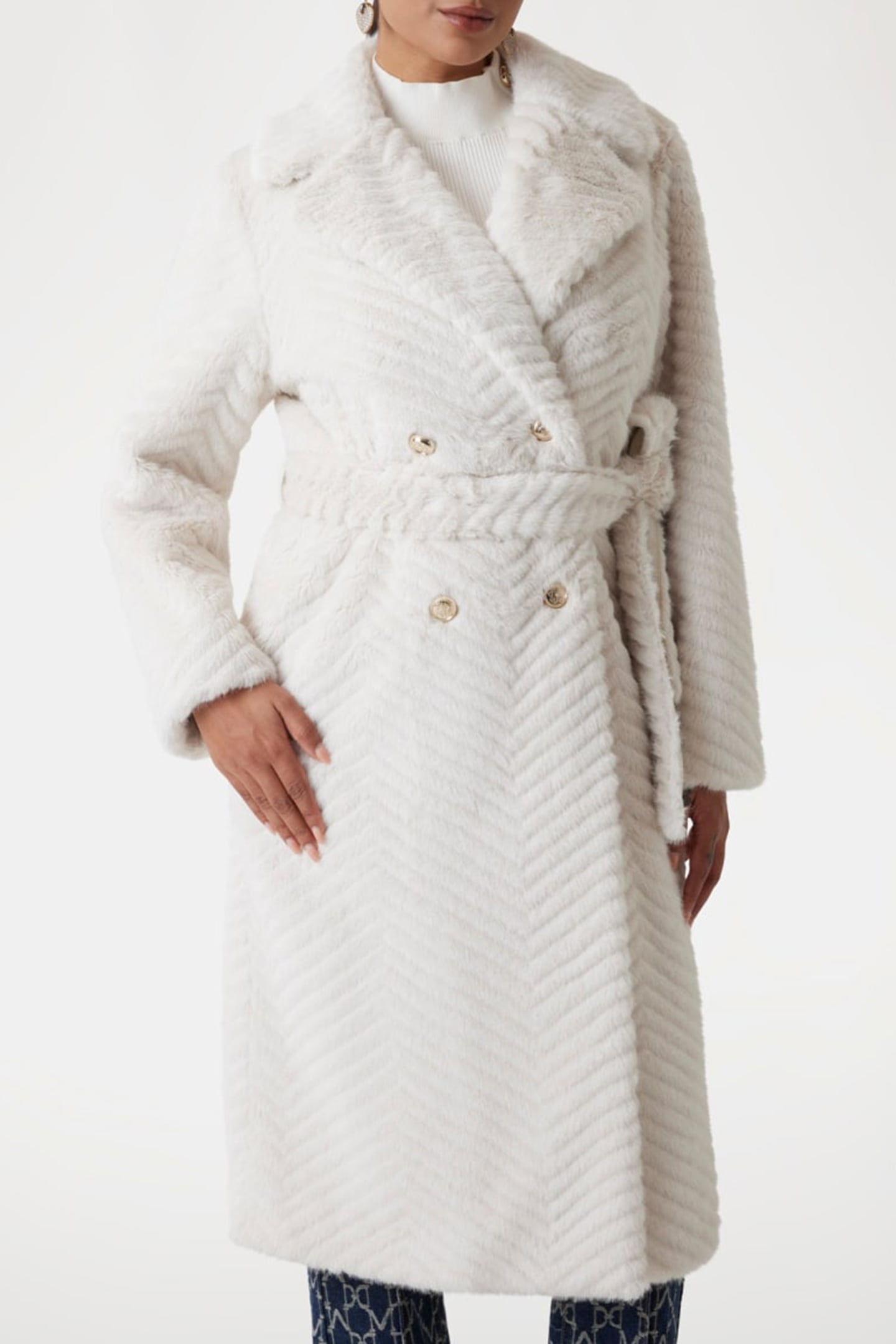 MARCIANO BY GUESS CLAIRE LONG COAT FAUX FUR PALE PEARL MULTI 1