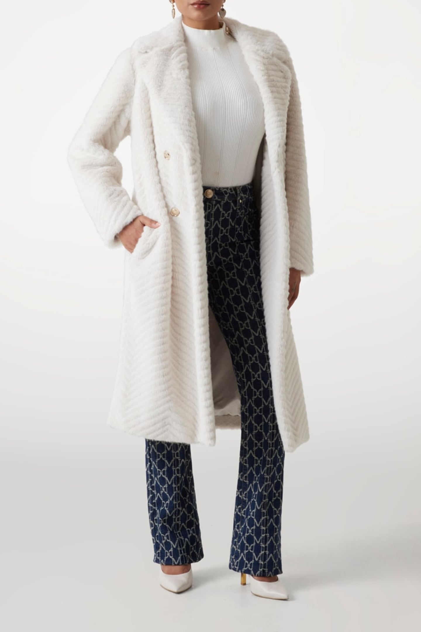 MARCIANO BY GUESS CLAIRE LONG COAT FAUX FUR PALE PEARL MULTI 2