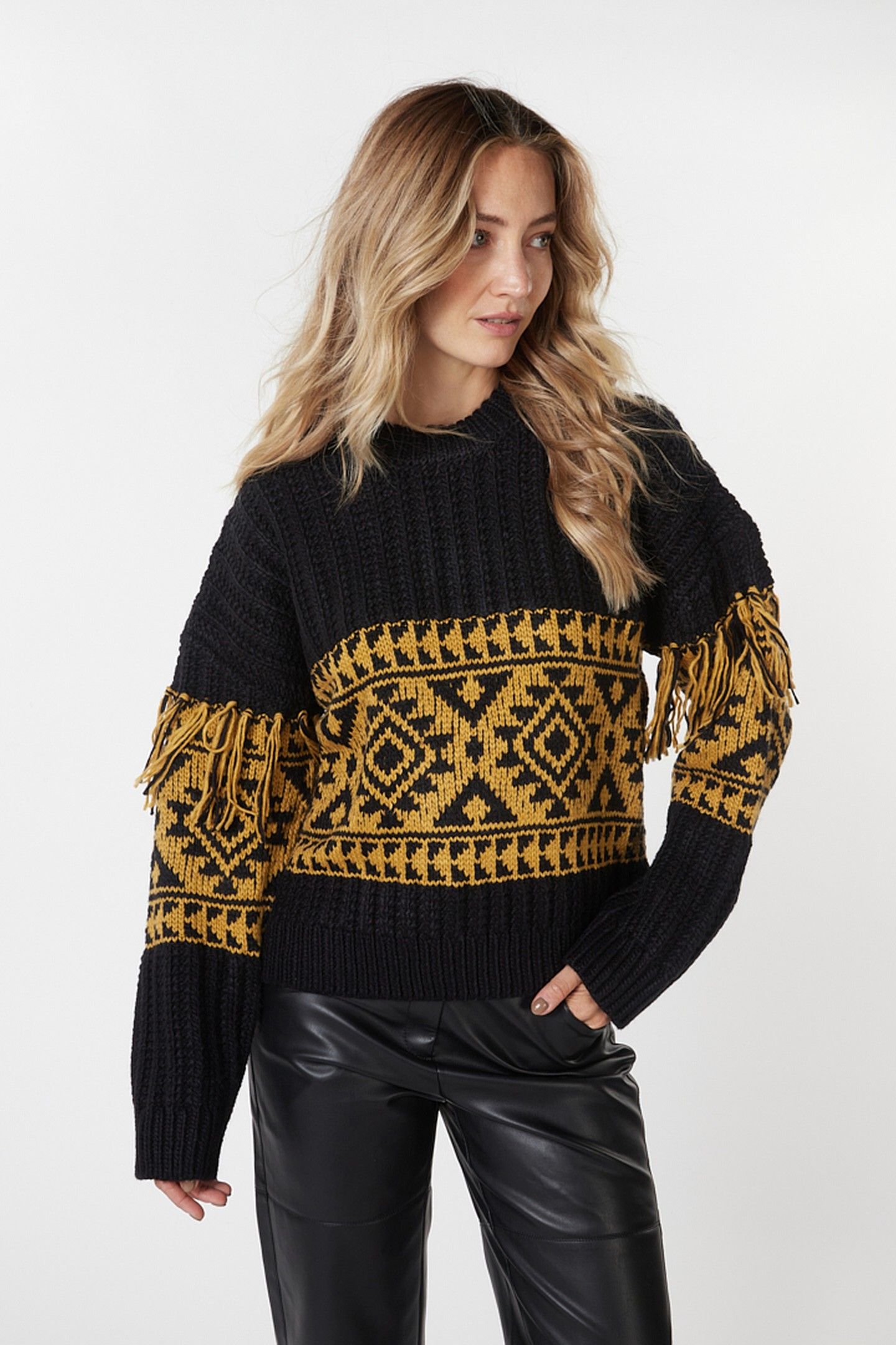 SWEATER JACQUARD FRINGES BLACK / OLIVE 4