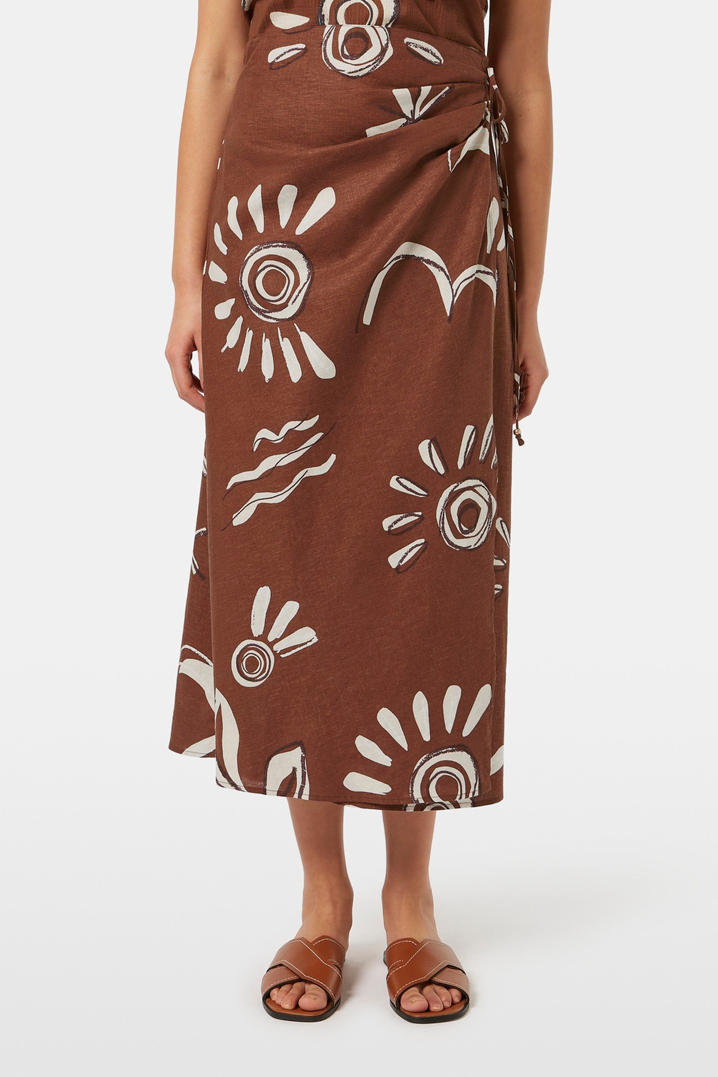 LINEN BLEND PRINTED WRAP SKIRT INKY SUN BROWN 2