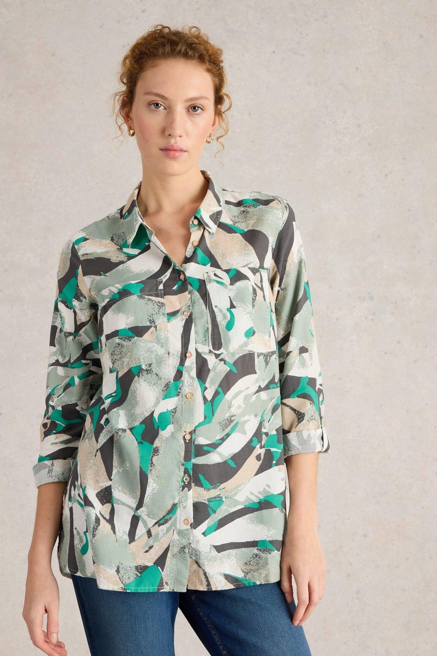 SOPHIE LONGLINE COTTON SHIRT GREY MULTI 1
