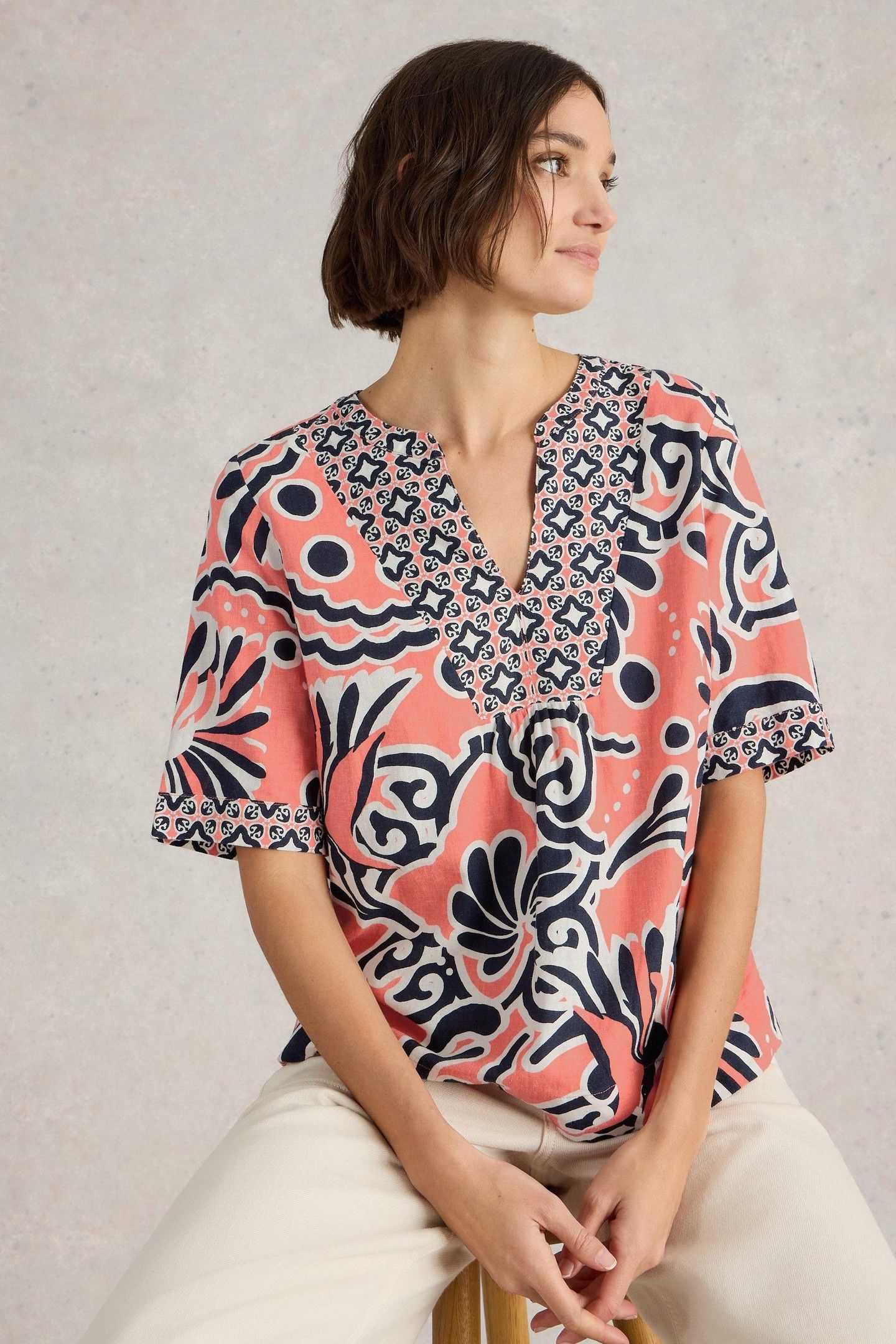 ASH LINEN BLEND TOP CORAL PRINT 1