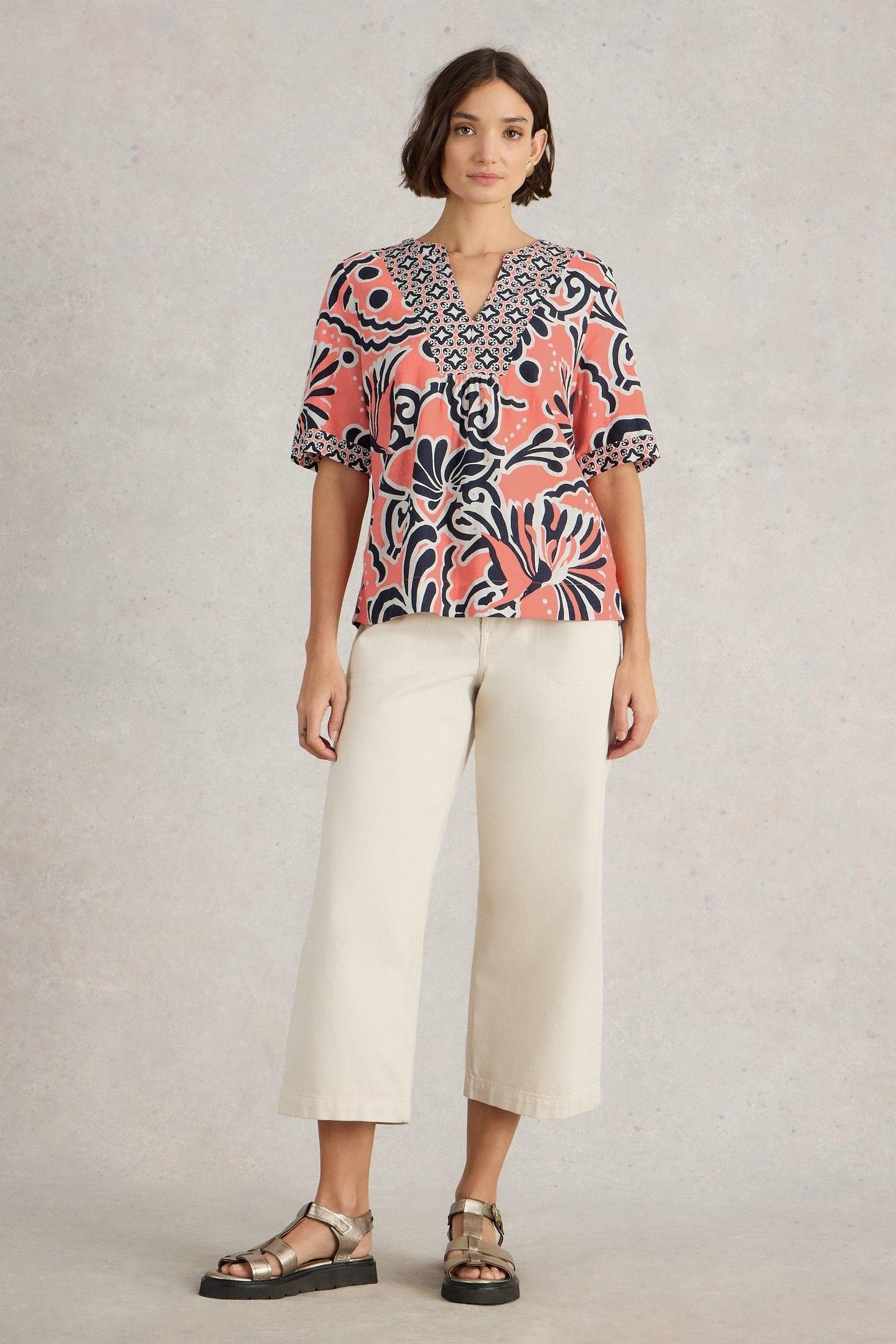 ASH LINEN BLEND TOP CORAL PRINT 2