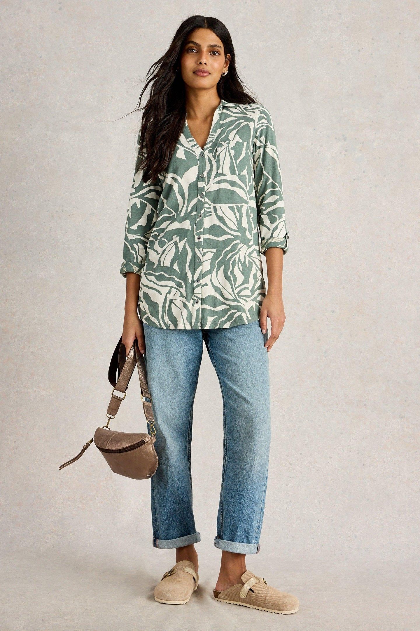 ANNIE LONGLINE SHIRT GREEN PRINT 2