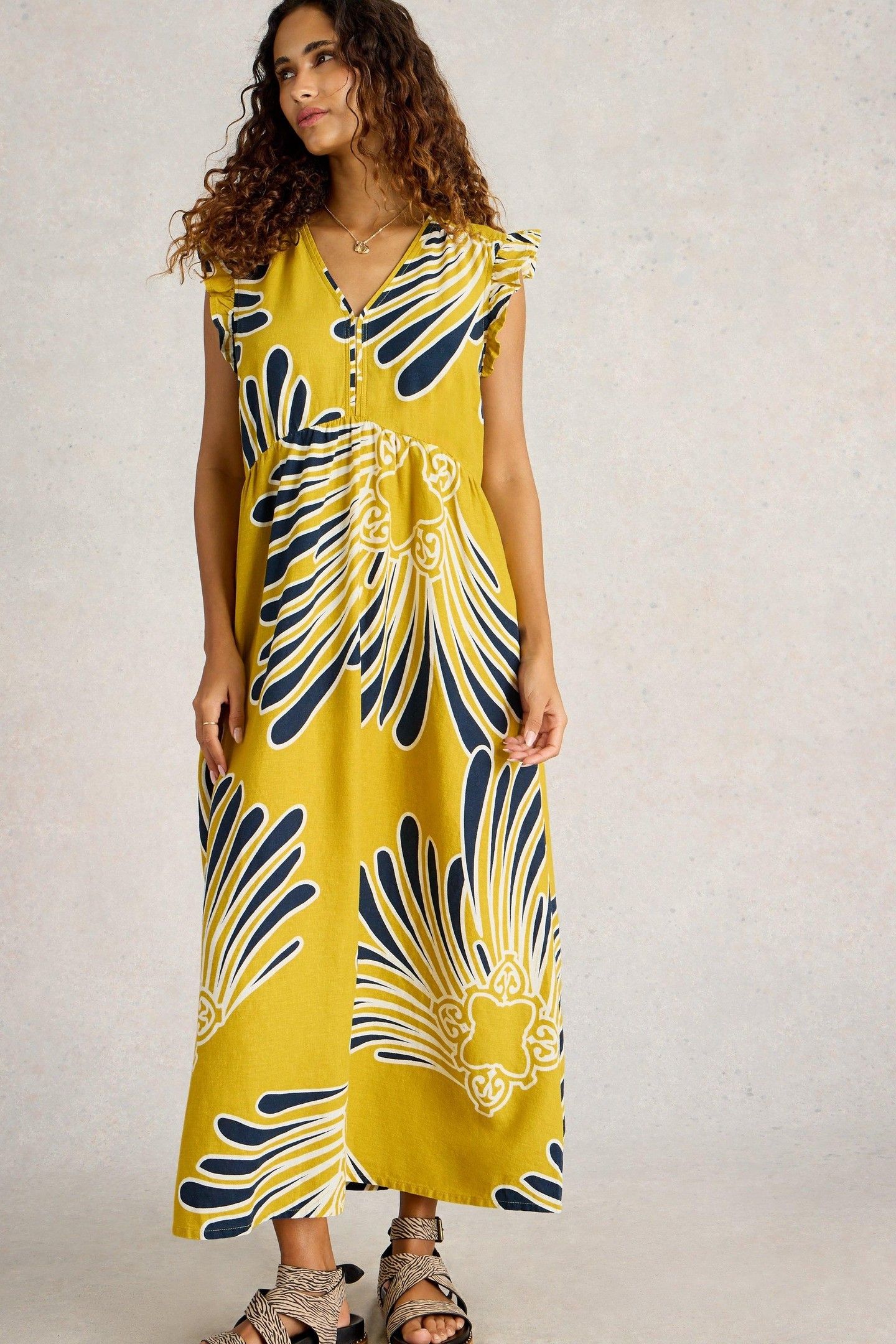 LORNA LINEN BLEND MAXI DRESS YELLOW PRINT 1