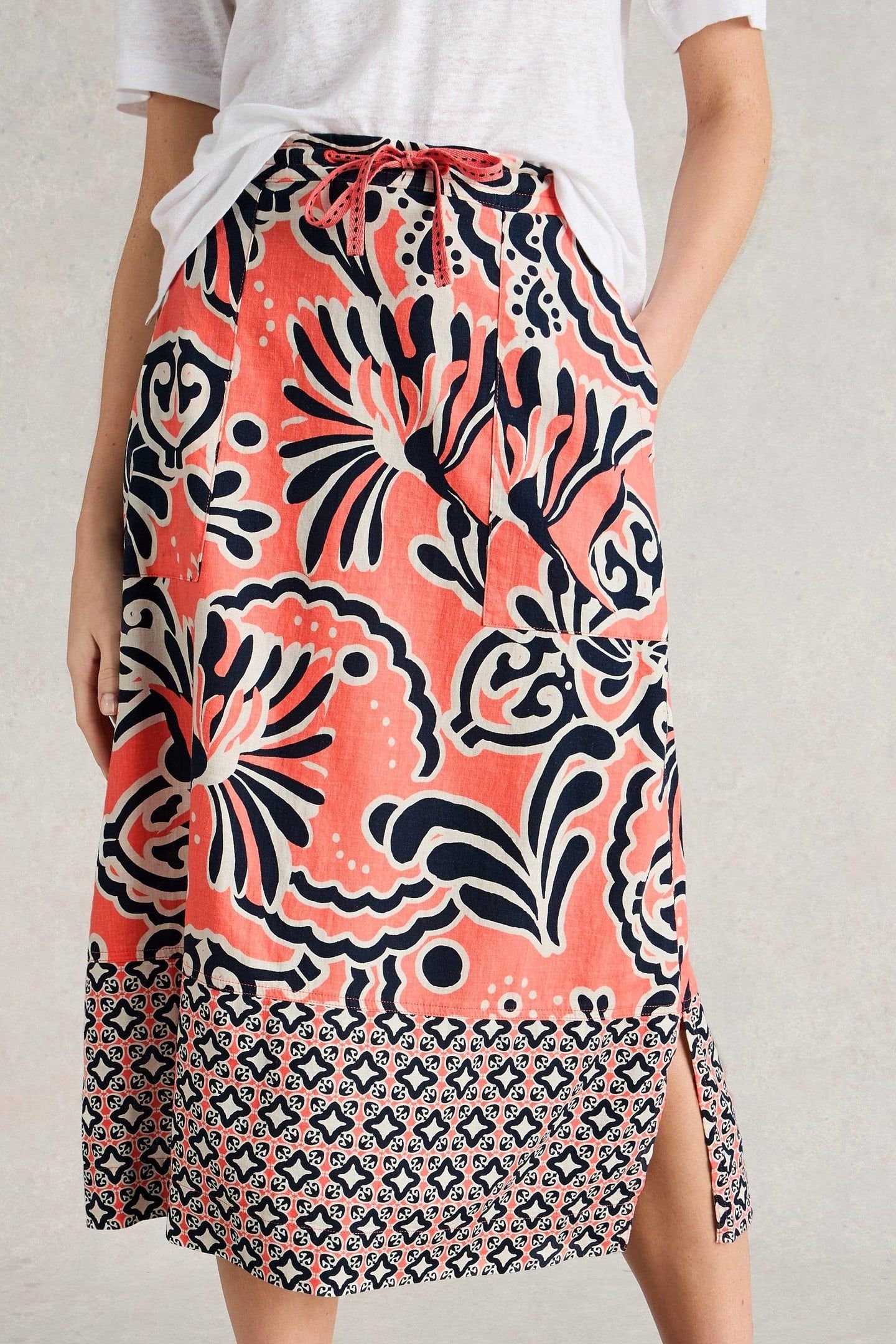 ELLE LINEN BLEND SKIRT CORAL PRINT 1