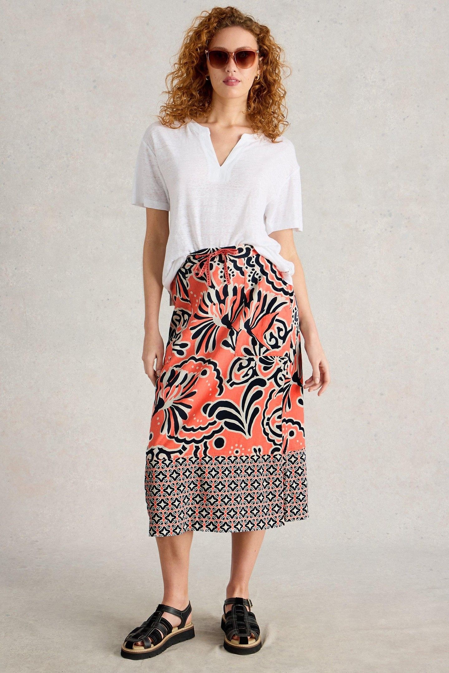 ELLE LINEN BLEND SKIRT CORAL PRINT 2