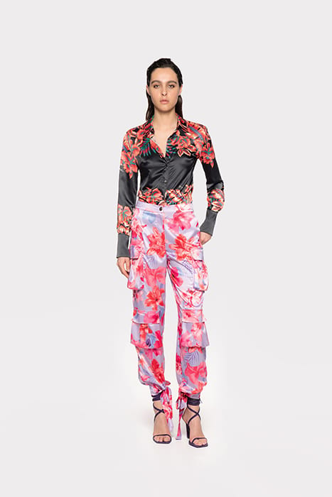 INDIOS PANTALONE SATIN STAMPA FIORI TROPICALI LILAC/PALE PIN 5