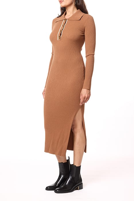 HENLEY MOCK NECK DRESS MEDIUM BROWN W/ IVORY CONTRAST 4