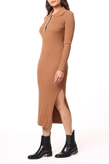 HENLEY MOCK NECK DRESS MEDIUM BROWN W/ IVORY CONTRAST 6