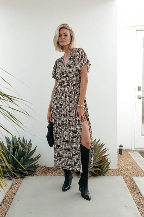 AVA ZEBRA REAL WRAP MAXI DRESS SS DARK BROWN 1