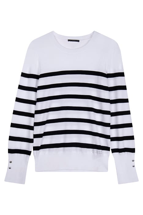 GUESS ECO ELINOR RN LS SWTR WHITE AND BLACK STRI 1
