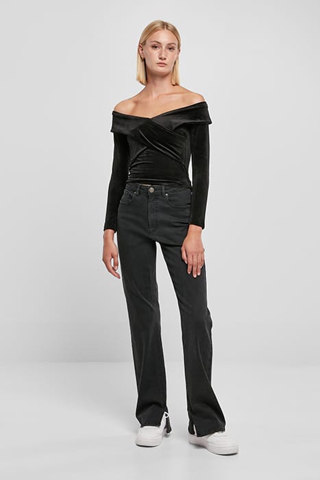 LADIES VELVET RIB CROSSED OFF SHOULDER LONGSLEEVE BLACK 3