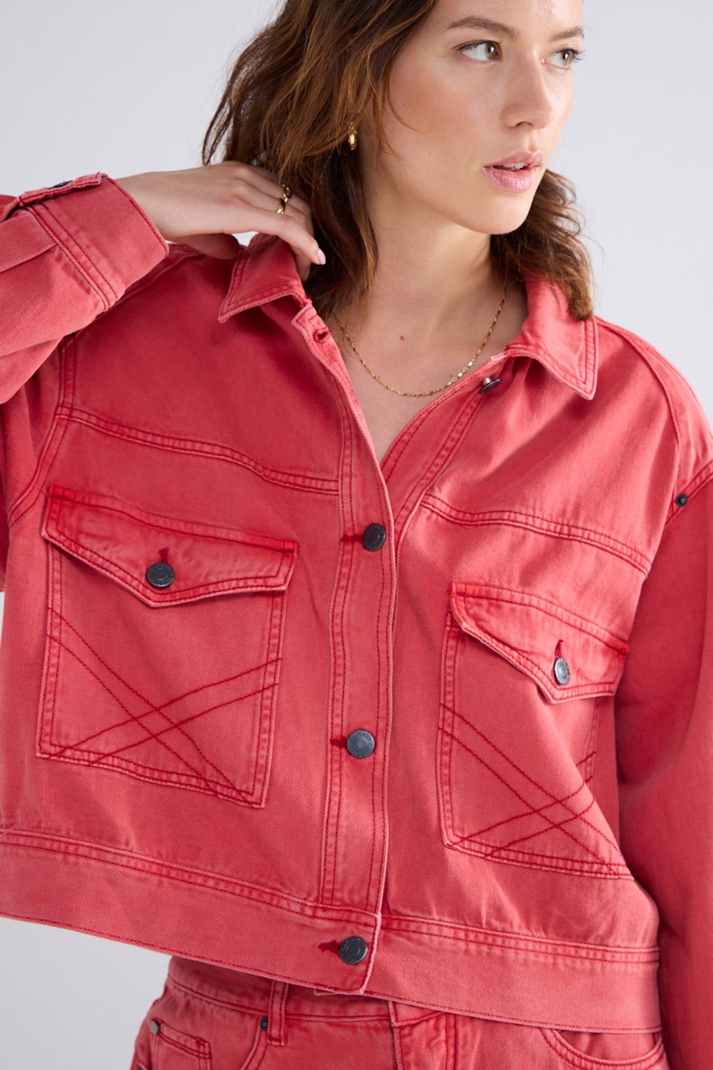BOXY DENIM JACKET COLOURED DENIM TRUE RED 7