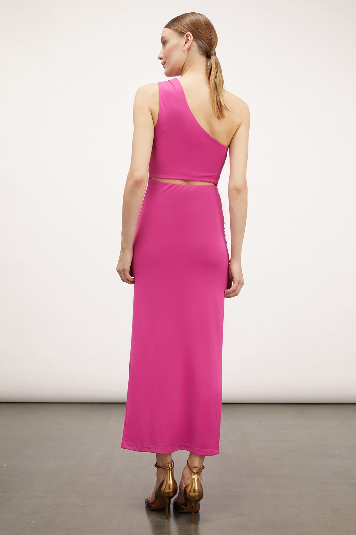 ONE-SHOULDER DRESS WITH GATHERS FUCSIA 2