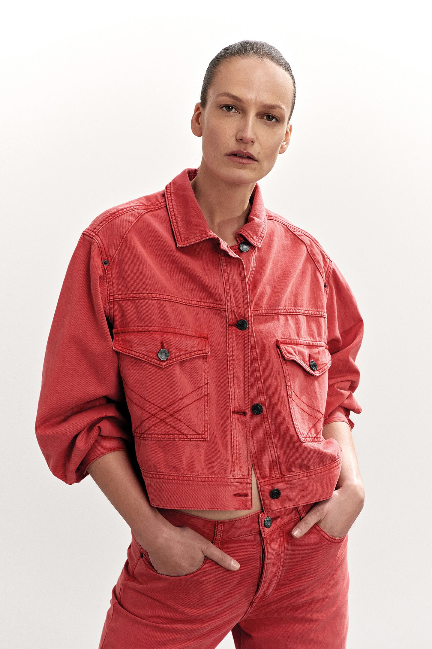 BOXY DENIM JACKET COLOURED DENIM TRUE RED 6