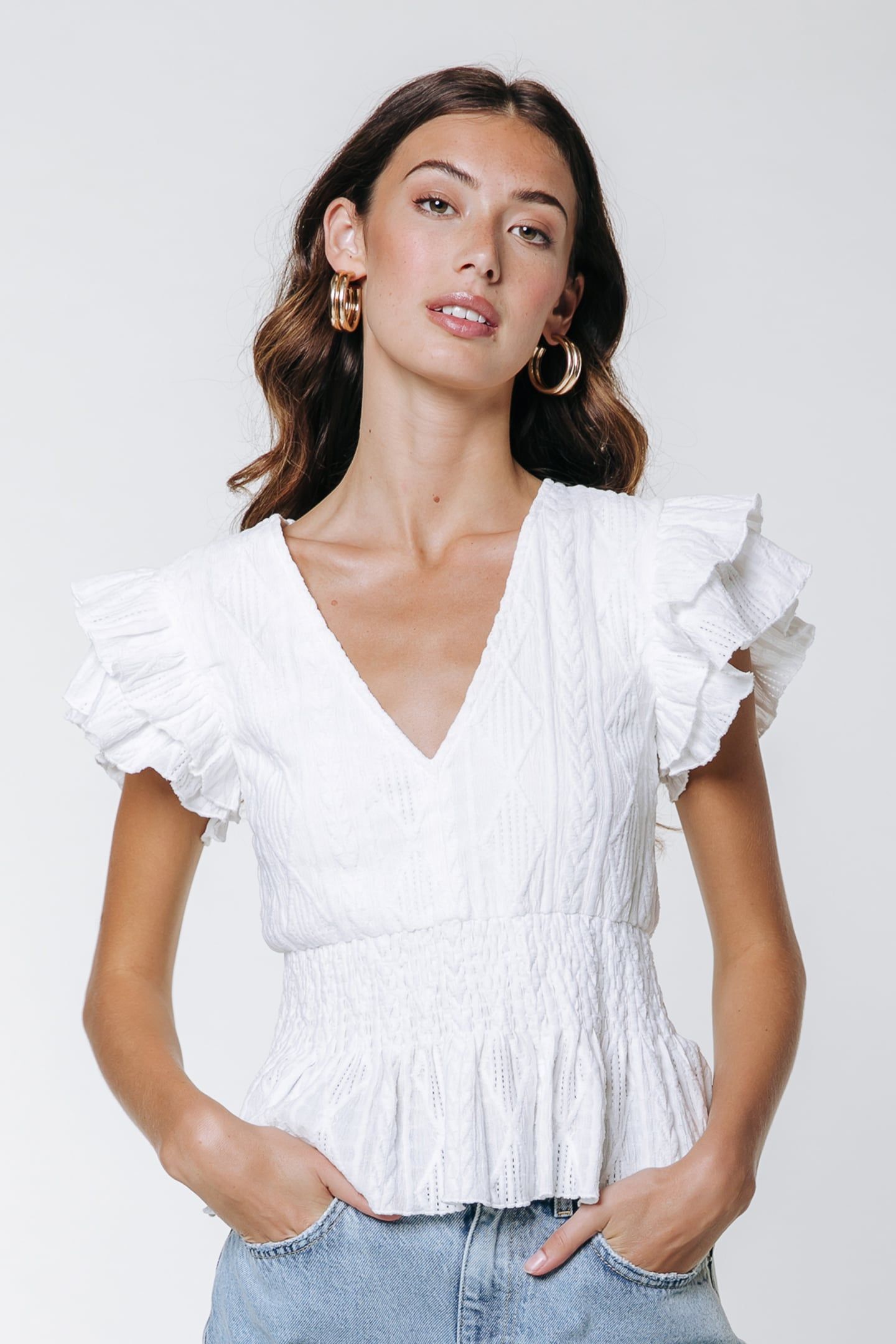 UNA BRODERIE RUFFLE SLEEVE TOP OFF WHITE 1