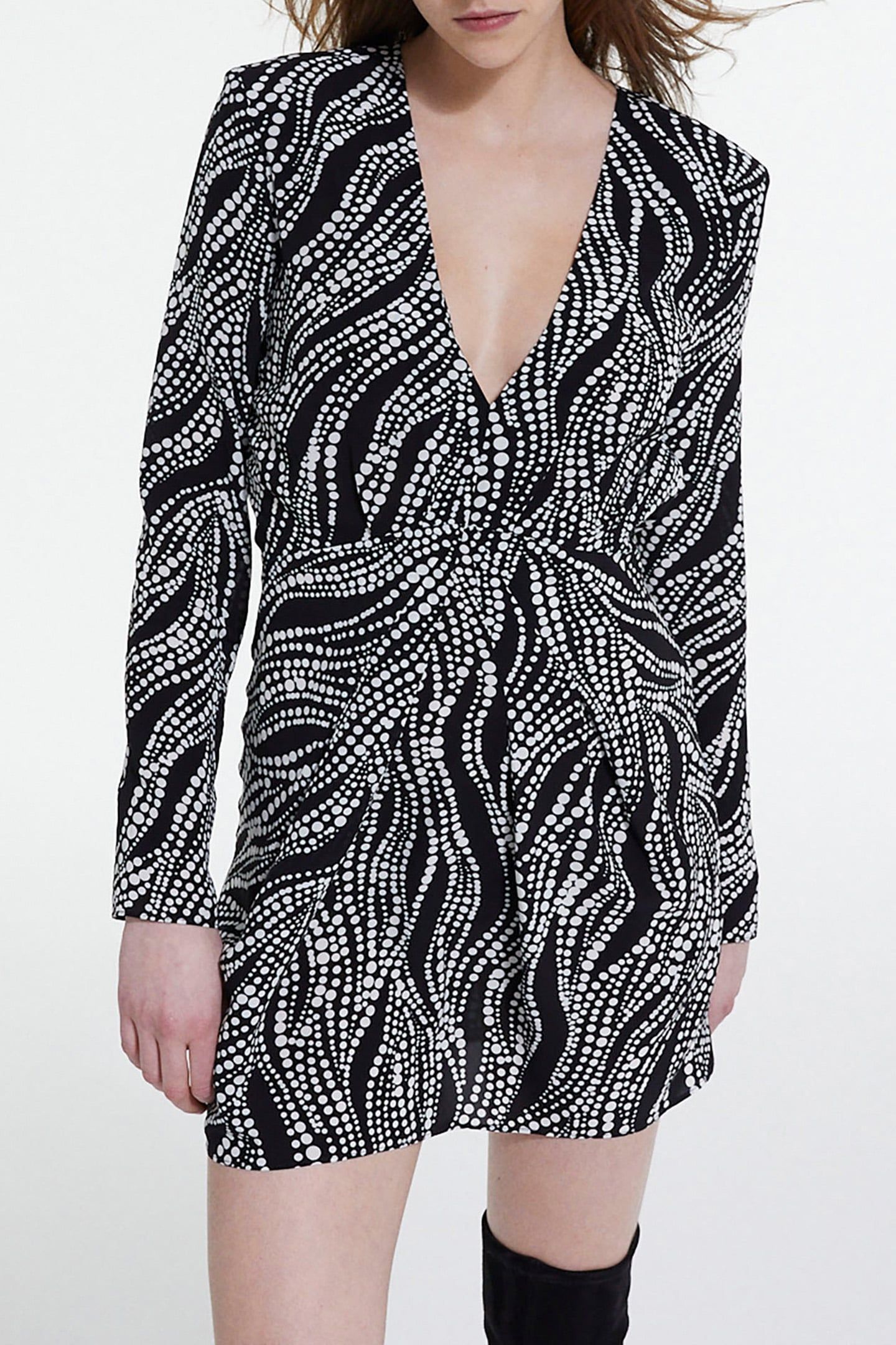 PEARL PRINTED SHORT LONG SLEEVE DRESS BLACK WHITE 1