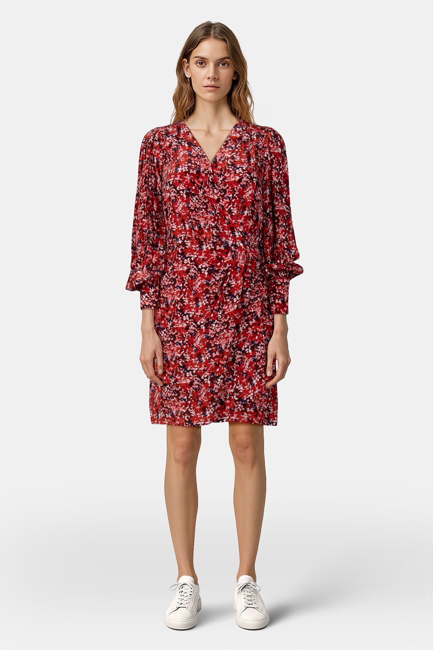 BURNING FLOWER PATTERN LONG SLEEVE DRESS RED 1