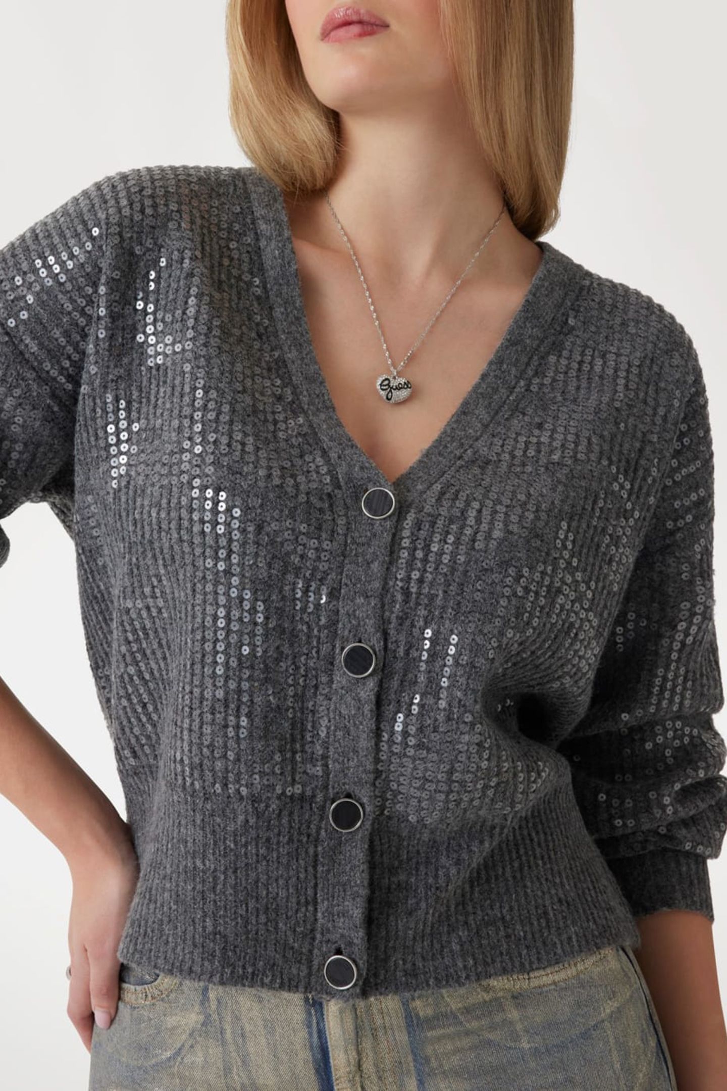 GUESS ECO RILEY LS VN SEQUINS DARK GREY HEATHER 5