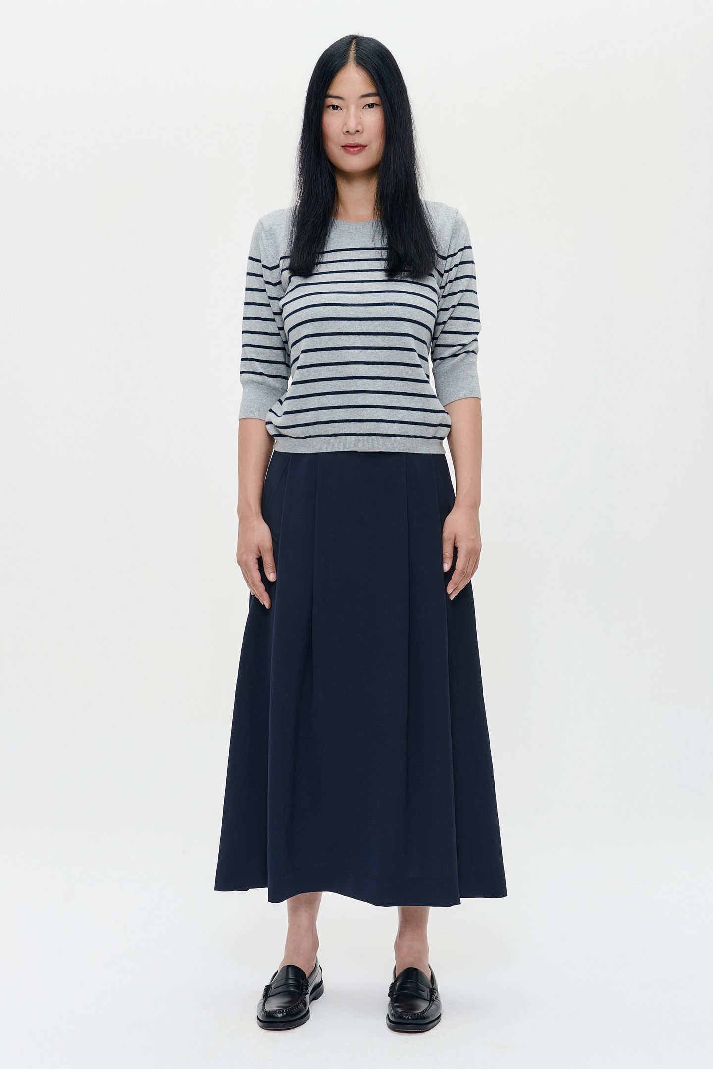 CASHMERE SHORT SLEEVE TOP GREY/MIDNIGHT STRIPE 1