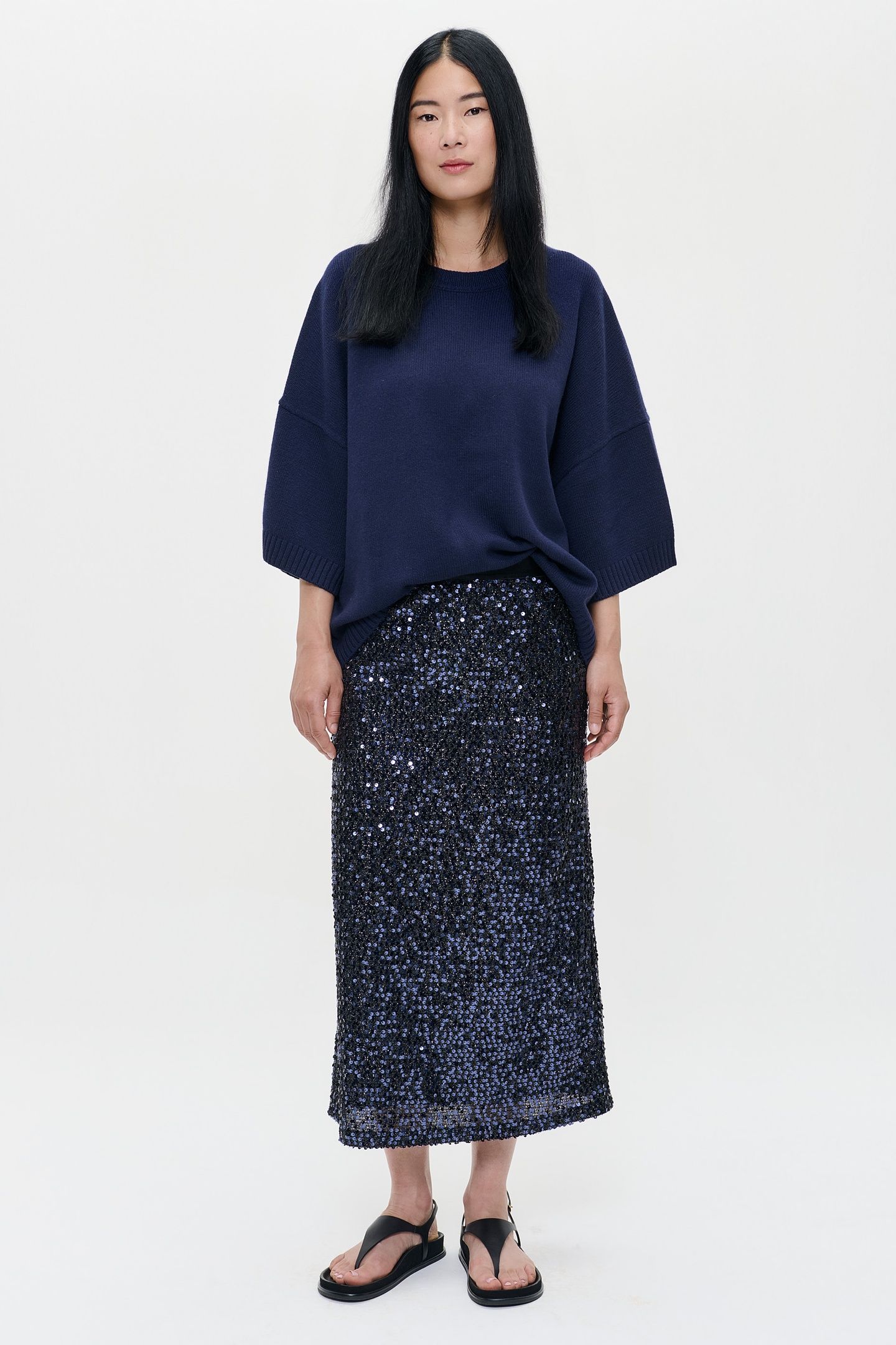 SEQUIN LONG STRAIGHT SKIRT MIDNIGHT BLUE 2