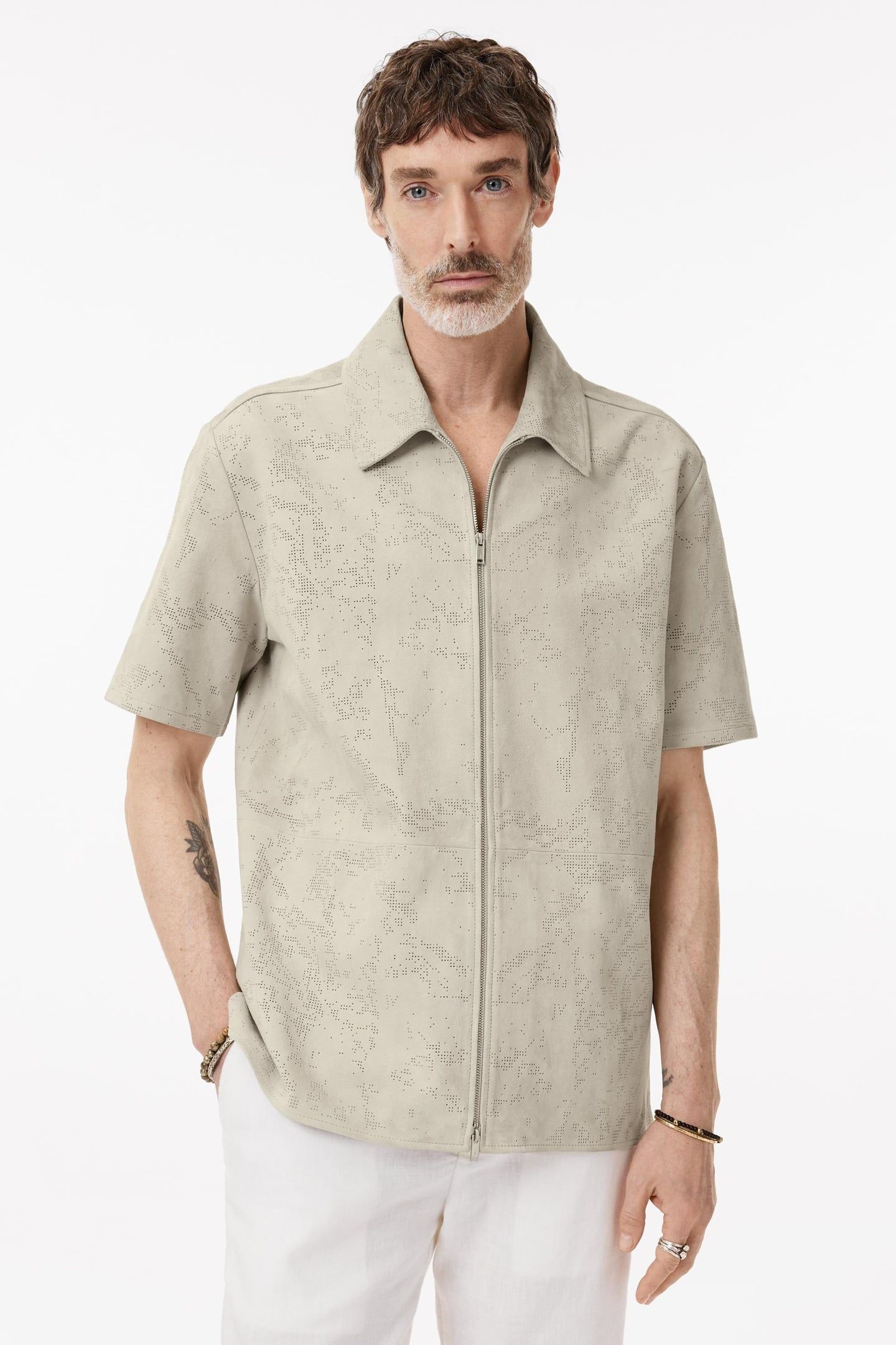 WADE SS COLLARED ZIP UP PERFORATED LEATH CHALK 1