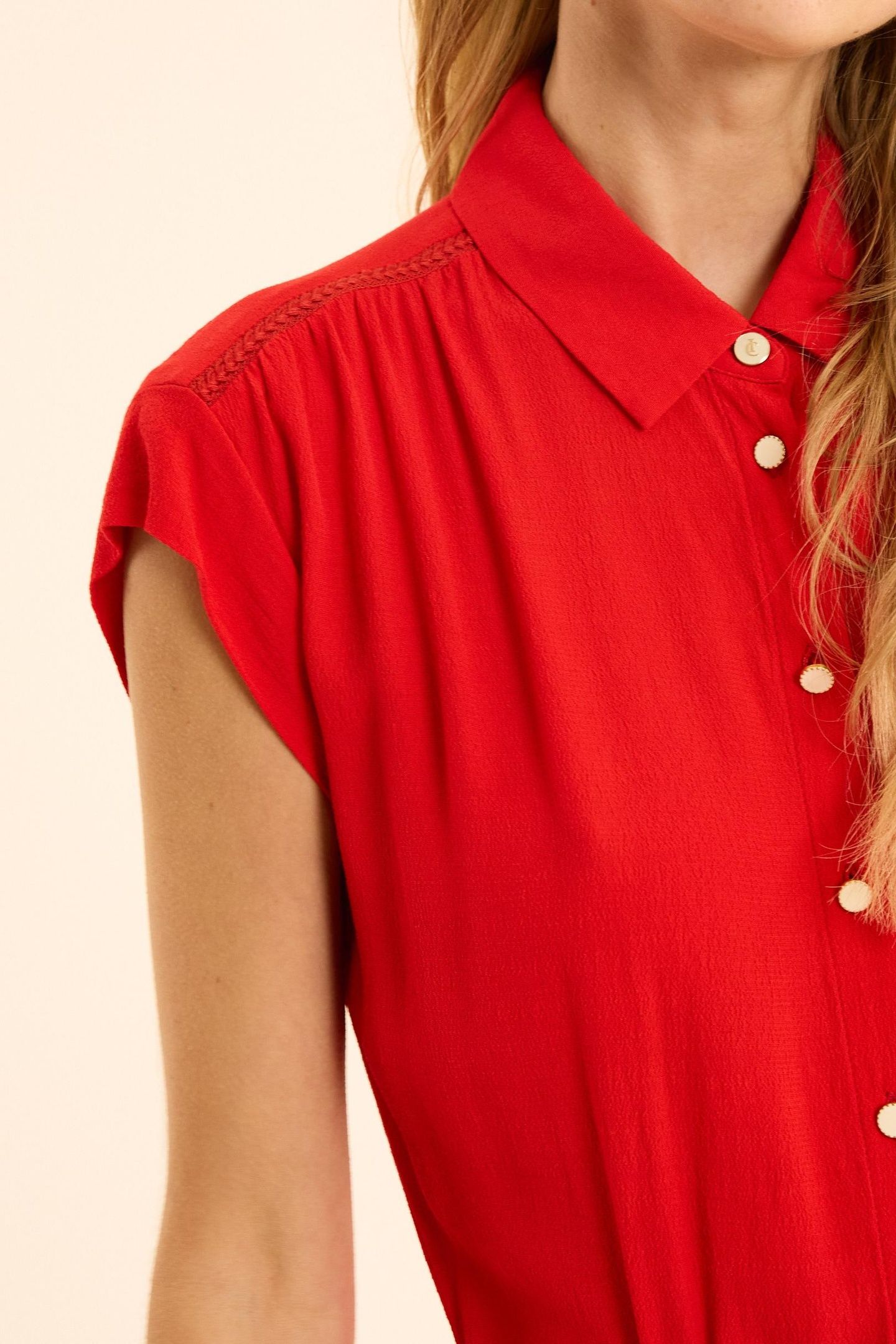RED FLOWING SHIRT DRESS WITH BRAID DETAIL CARMINE RED 7