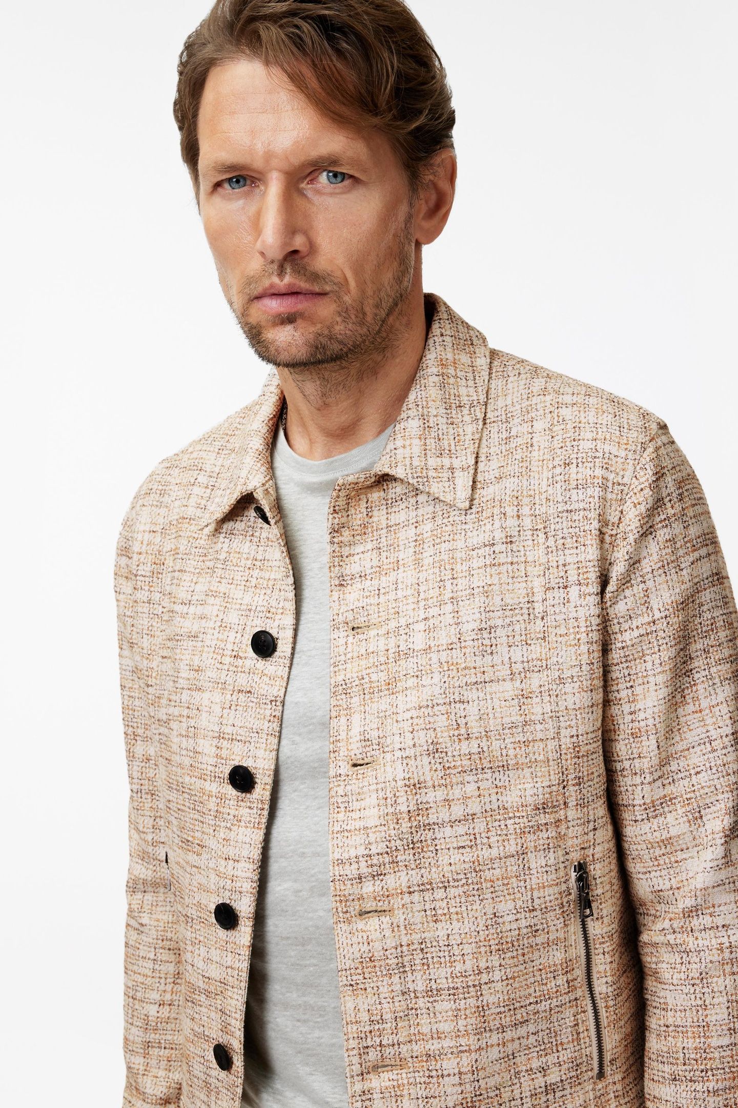 TRUCKER JACKET WITH FRONT DOUBLE ZIPPERS NATURAL 2
