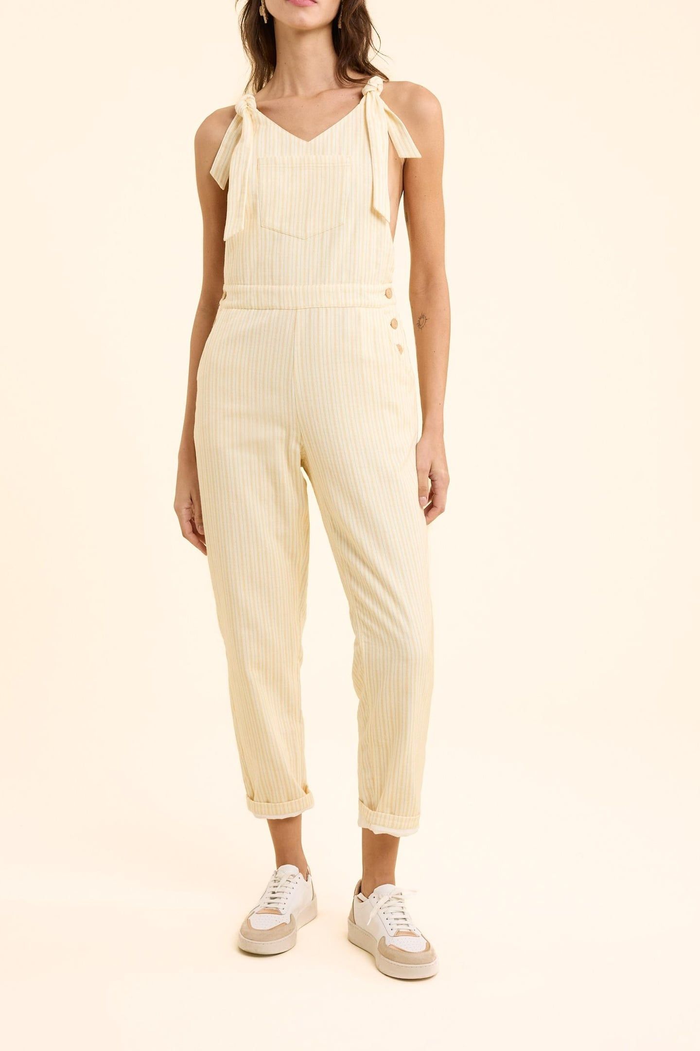 ECRU DENIM DUNGAREES WITH YELLOW STRIPES ECRU 1