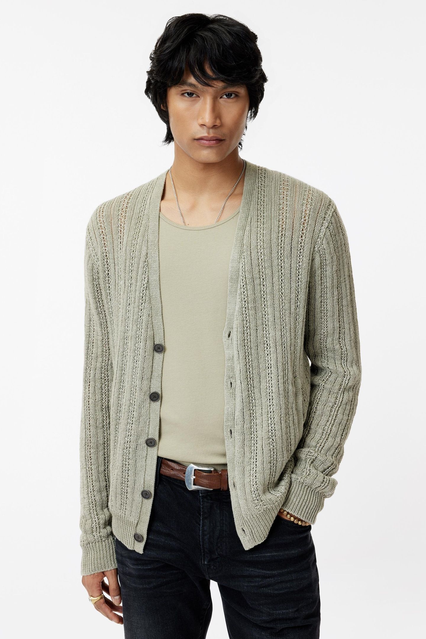 KLIMENT LINEN CARDI W WOVEN BACK PANEL SAGE BRUSH 1