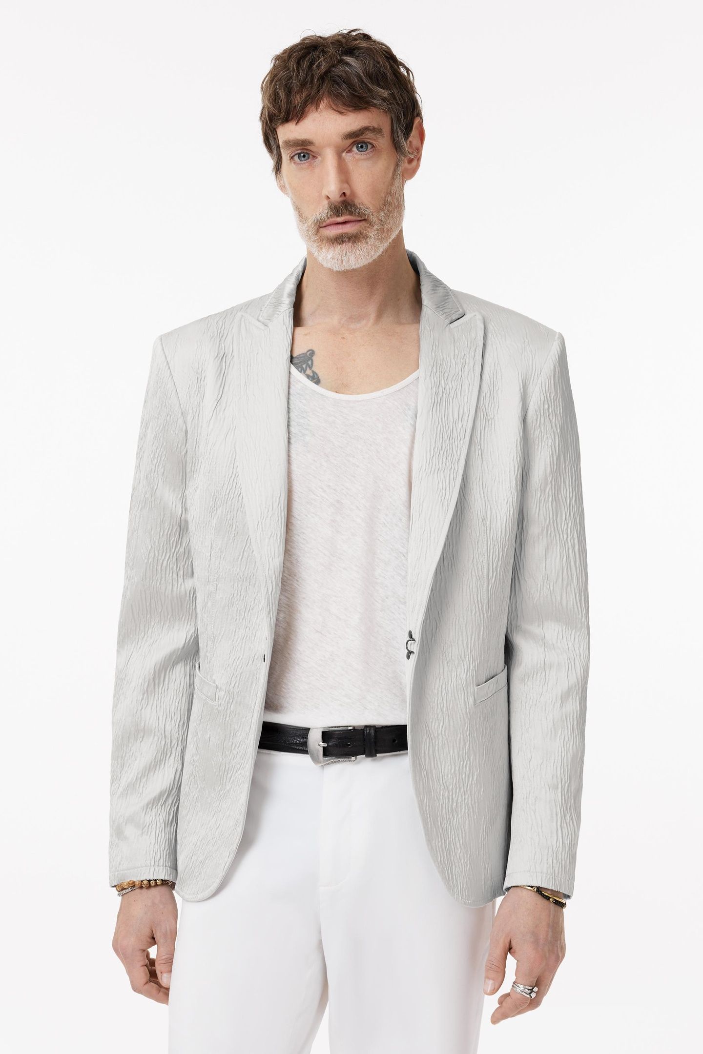 PEAK LAPEL ONE BUTTON JACKET WITH PIPING LIGHT GREY 1