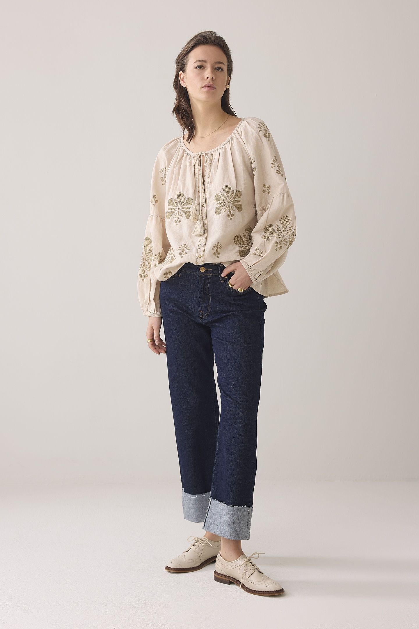 LONG SLEEVE TOP LINEN HEAVY EMBROIDERY PEBBLE BEIGE 1