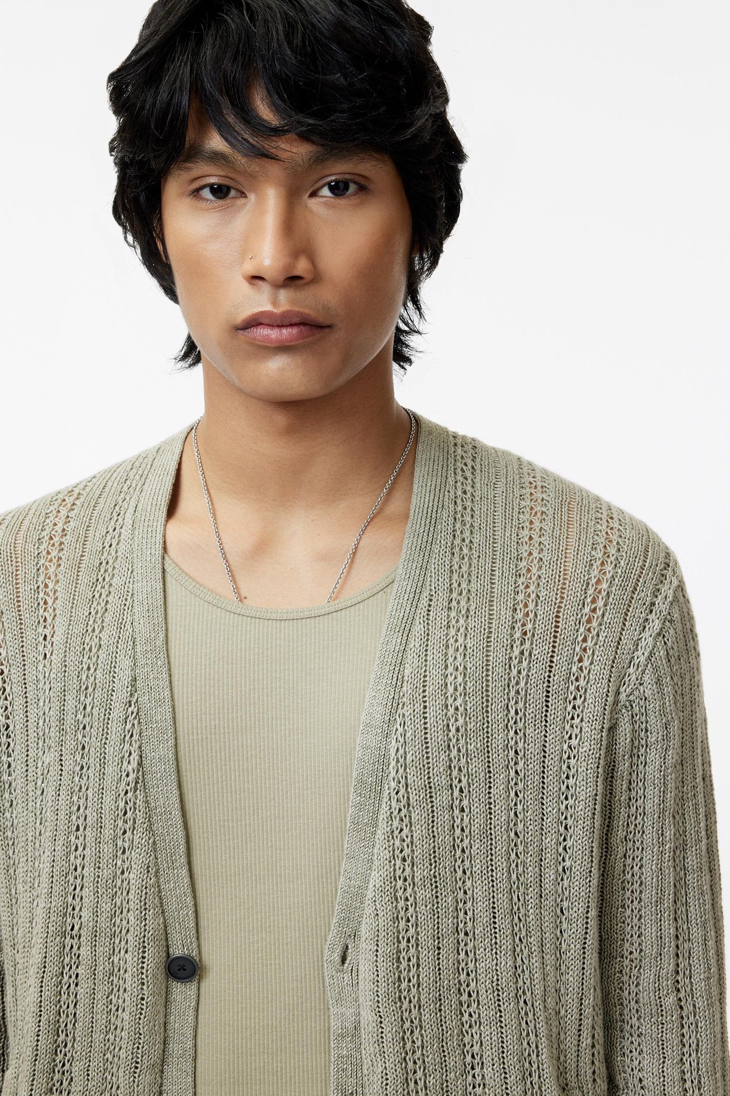 KLIMENT LINEN CARDI W WOVEN BACK PANEL SAGE BRUSH 2