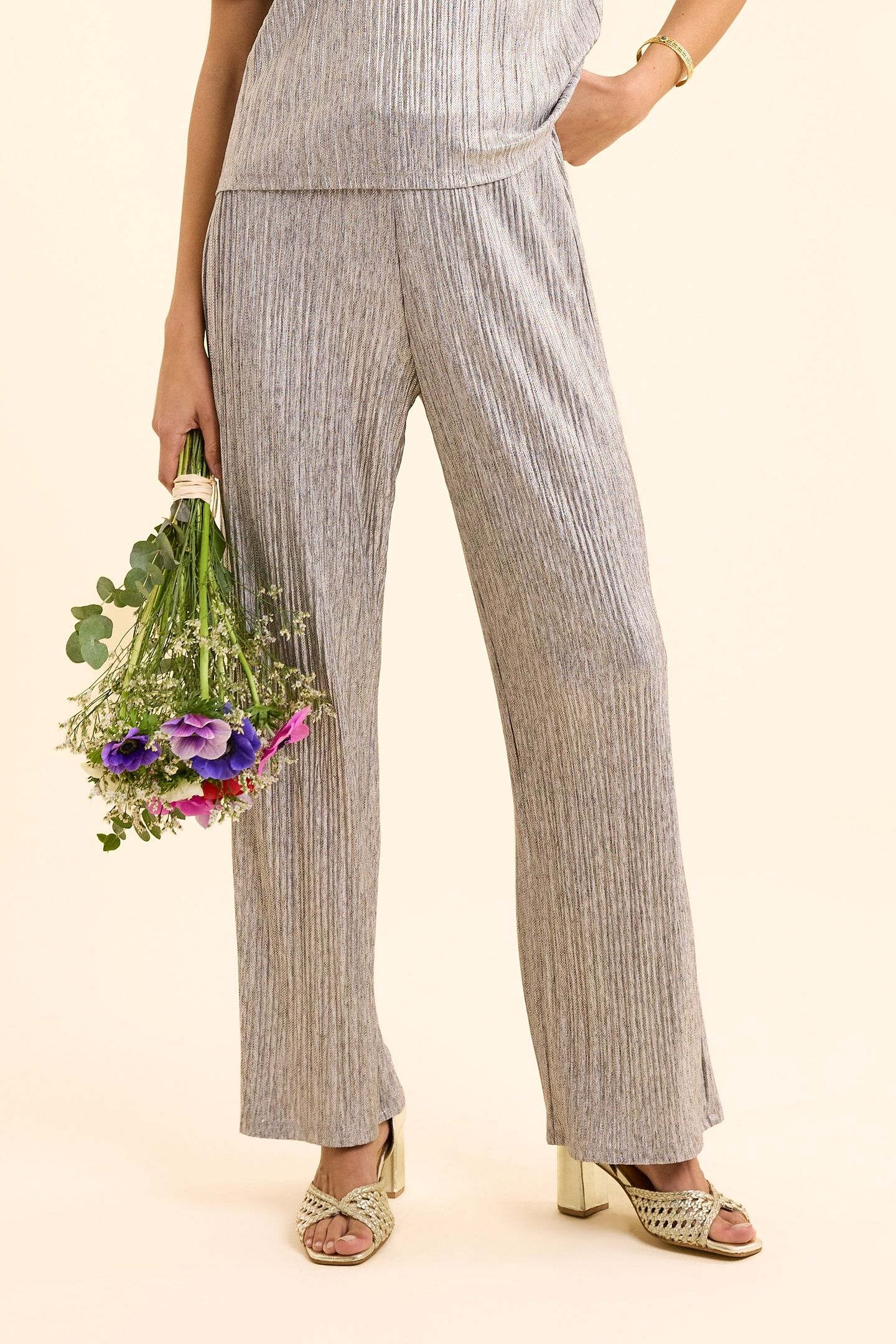 GREY PLEATED TROUSERS, DECORATIVE GOLD STRIPES GOLD 2