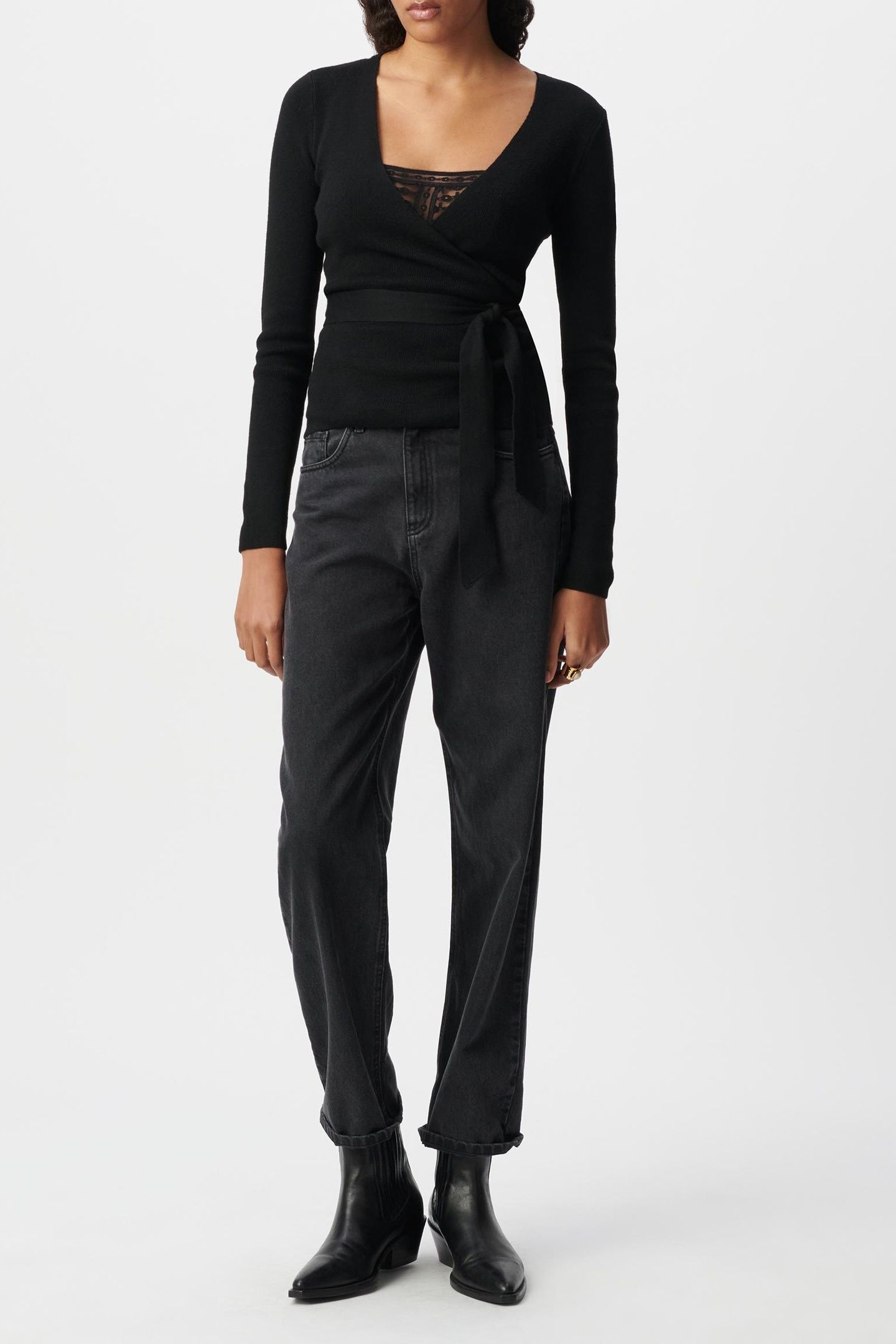 BLACK BELTED WRAP-AROUND SWEATER 1