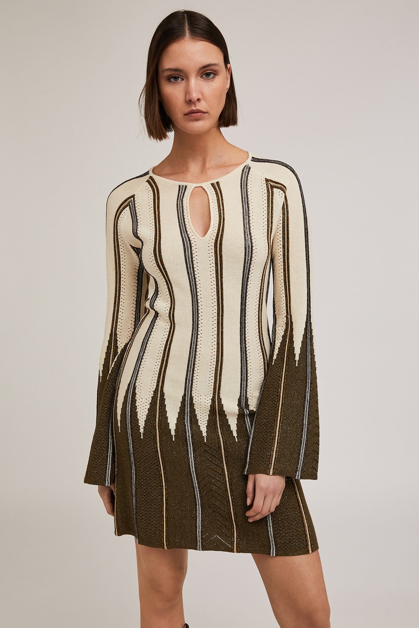 PLEATED EFFECT LUREX KNIT STRIPED DRESS MILITARY GREEN 1