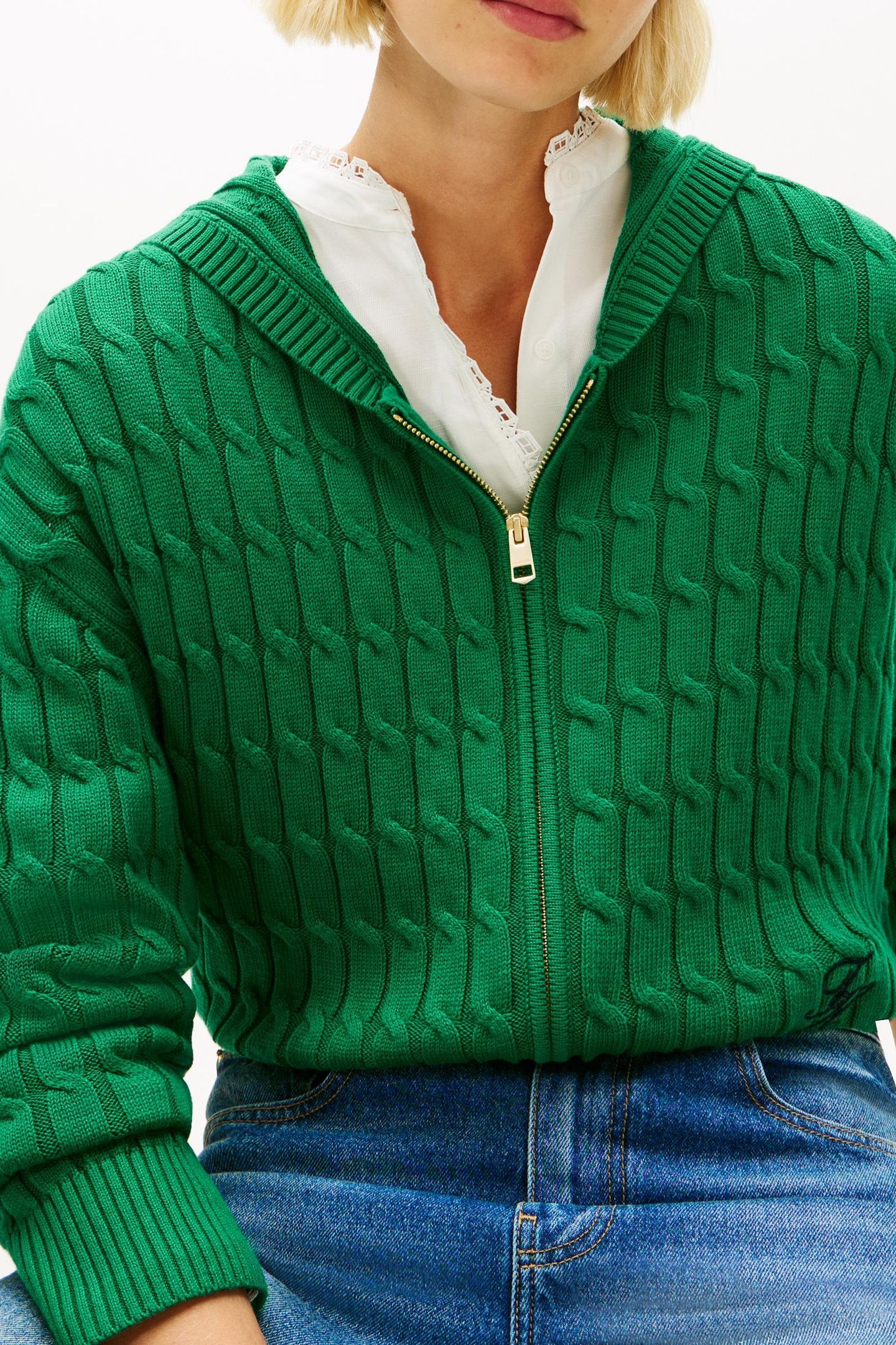 CABLE KNIT ZIP-THRU HOODY NOUVEAU GREEN 4