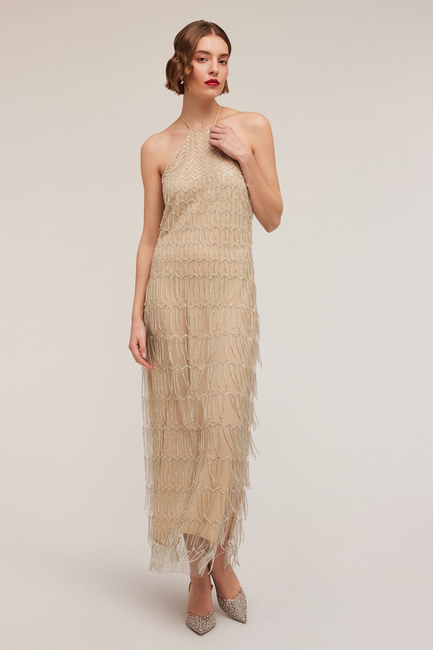 EMBROIDERED DRESS WITH FRINGES BEIGE 1