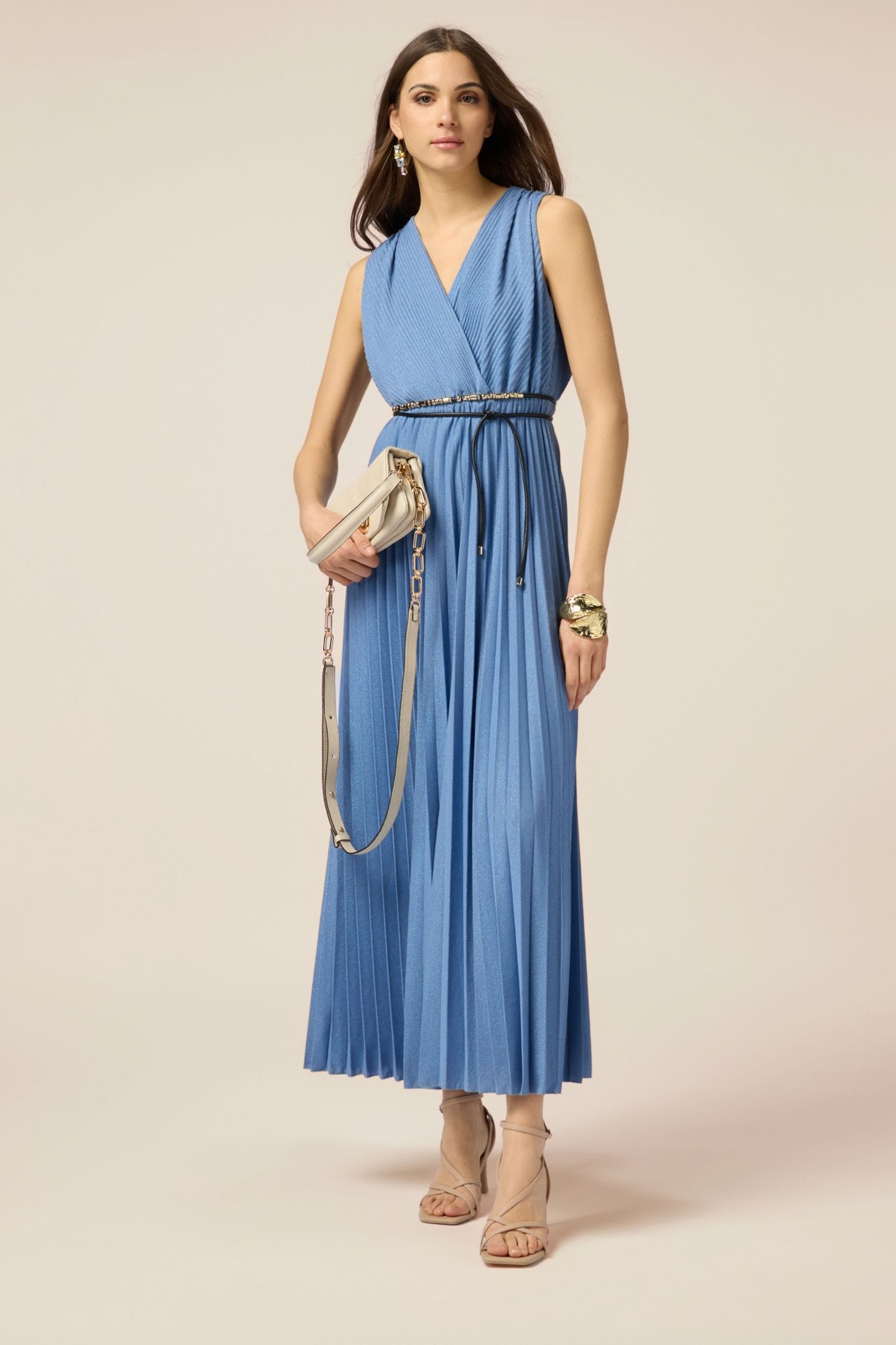 LONG PLEATED LUREX DRESS LIGHT BLUE 1