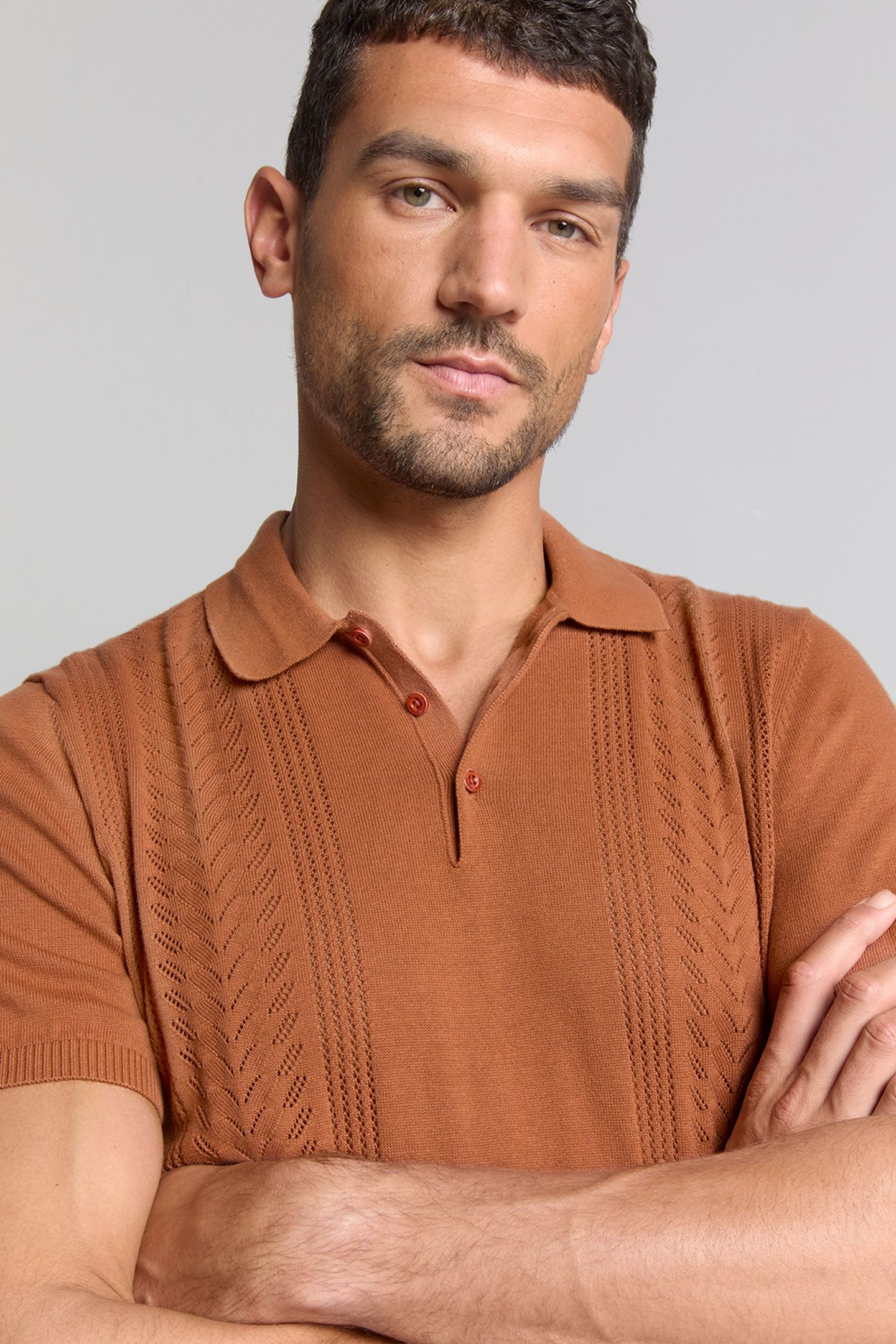PULLOVER SHORT SLEEVE POLO SOLID PLACED JACQUARD CARAMEL 7